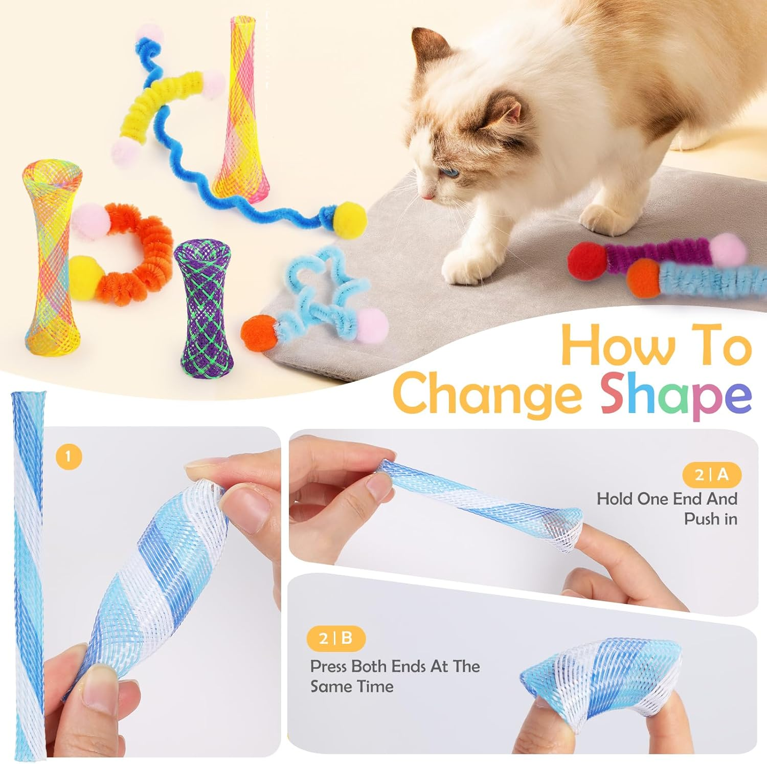 42Pcs Cat Spring Toys，Geeric 20 Short Springs+12 Plush Toy+10 Elastic Hose Tube Colorful Folding Bouncing Mesh Pet Spring Tube Kitten Toy Portable Interactive Cats Toys to Swat, Bite, Hunt In/Outdoor image number 1