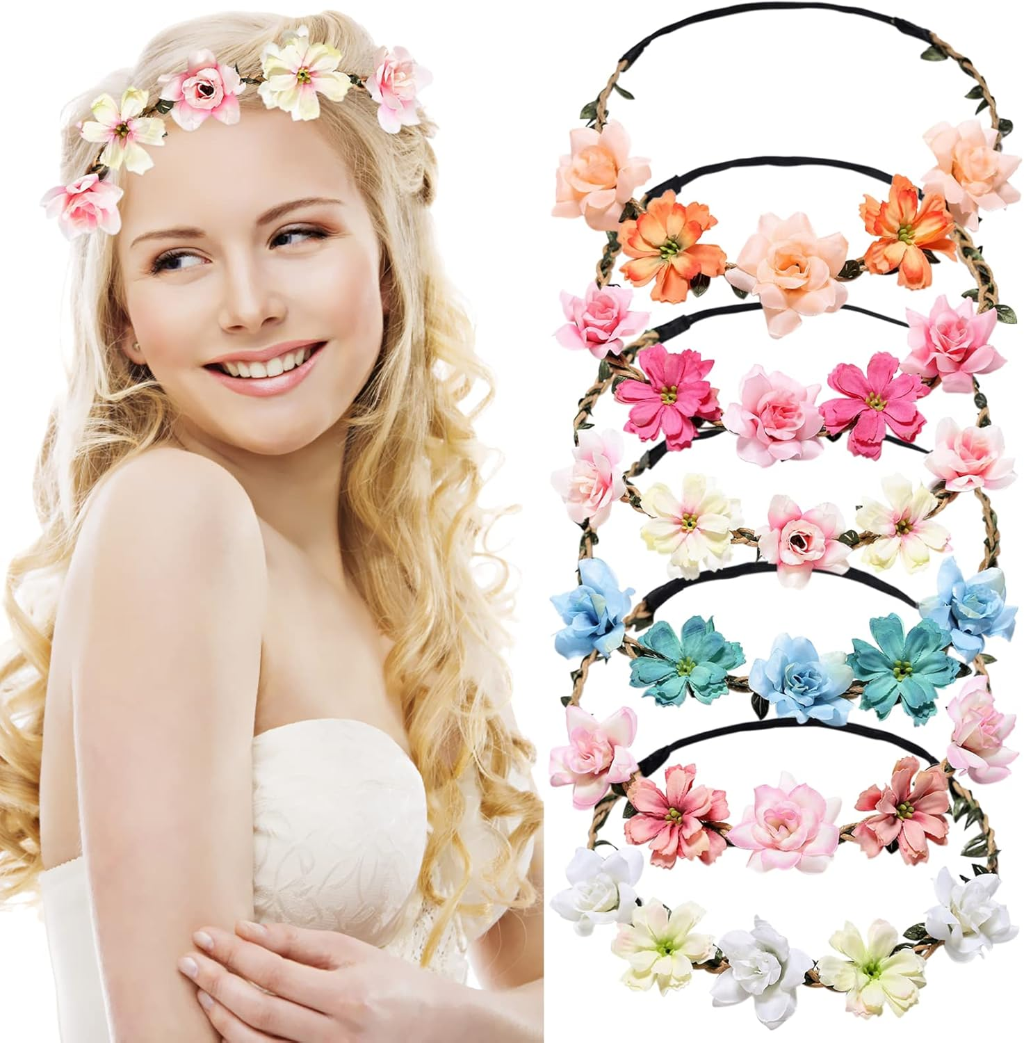 Gmedhc Bohemian Headpiece, 6 Pieces Floral Headband Wreath, Communion Garland Headpiece, Artificial Flower Headbands for Women Festival, Garland Hair Band for Women Girls Wedding Festival Party image number 5