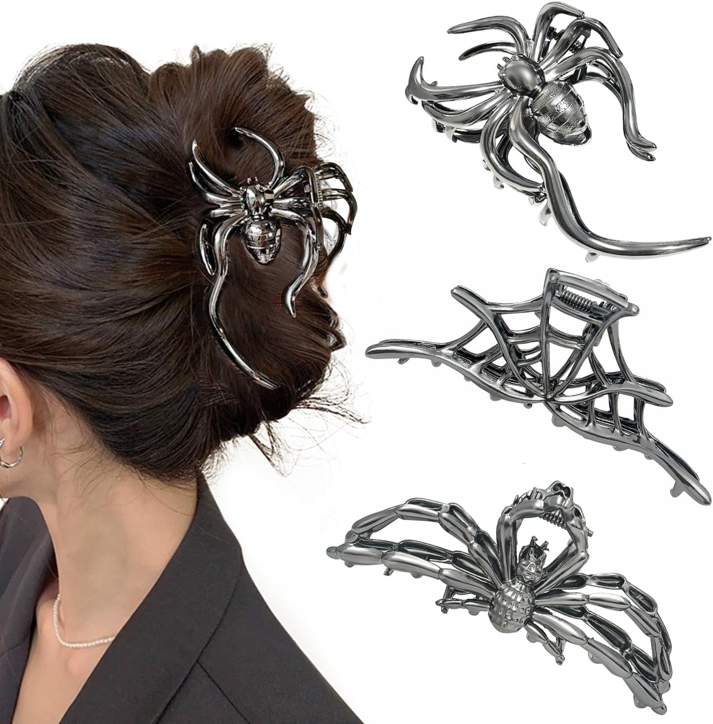 Pack of 3 Metal Hair Clips, Spider Hair Clips, Skull Claw Hair Clip, Non-Slip Claw Clip, Gothic Hair Clips, for Women, Girls, Halloween Hair Styling Accessories (C) image number 4