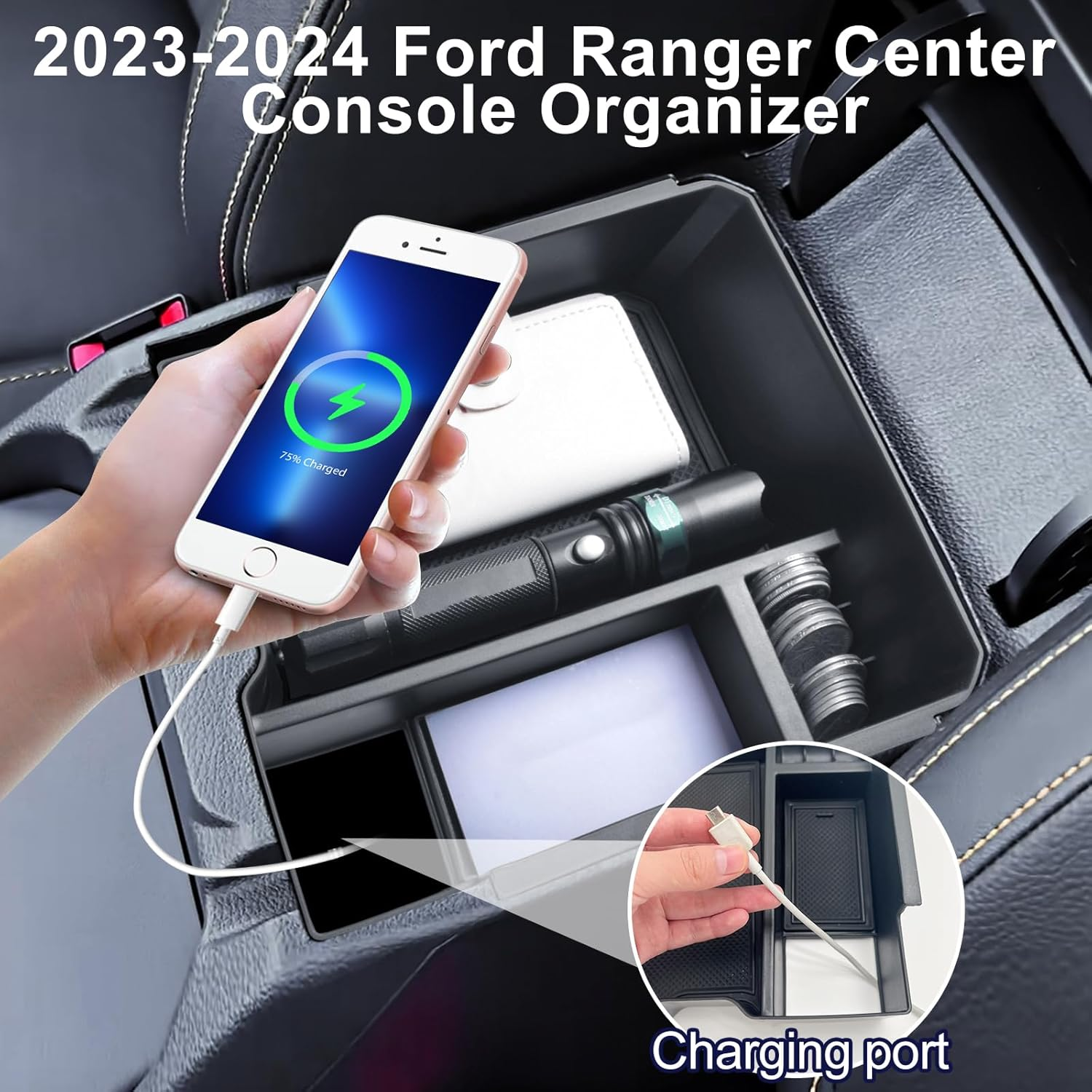 Center Console Organizer Tray for 2024 Ford Ranger Interior Armrest Storage Box Insert Holder Secondary Storage Tray Accessories for Ranger & Raptor & Wildtrak 2024 (Electric Handbrake Version)