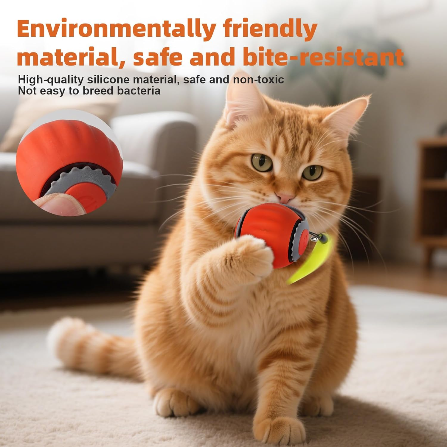 Gravity Cat Toy Spike Ball Upgrade 2.0 Interactive Cat Ball Toy with Feather Tail, Motion Activated Automatic Rolling Smart Cat Toys for Indoor Cats, USB Rechargeable Cat Ball,Orange image number 6