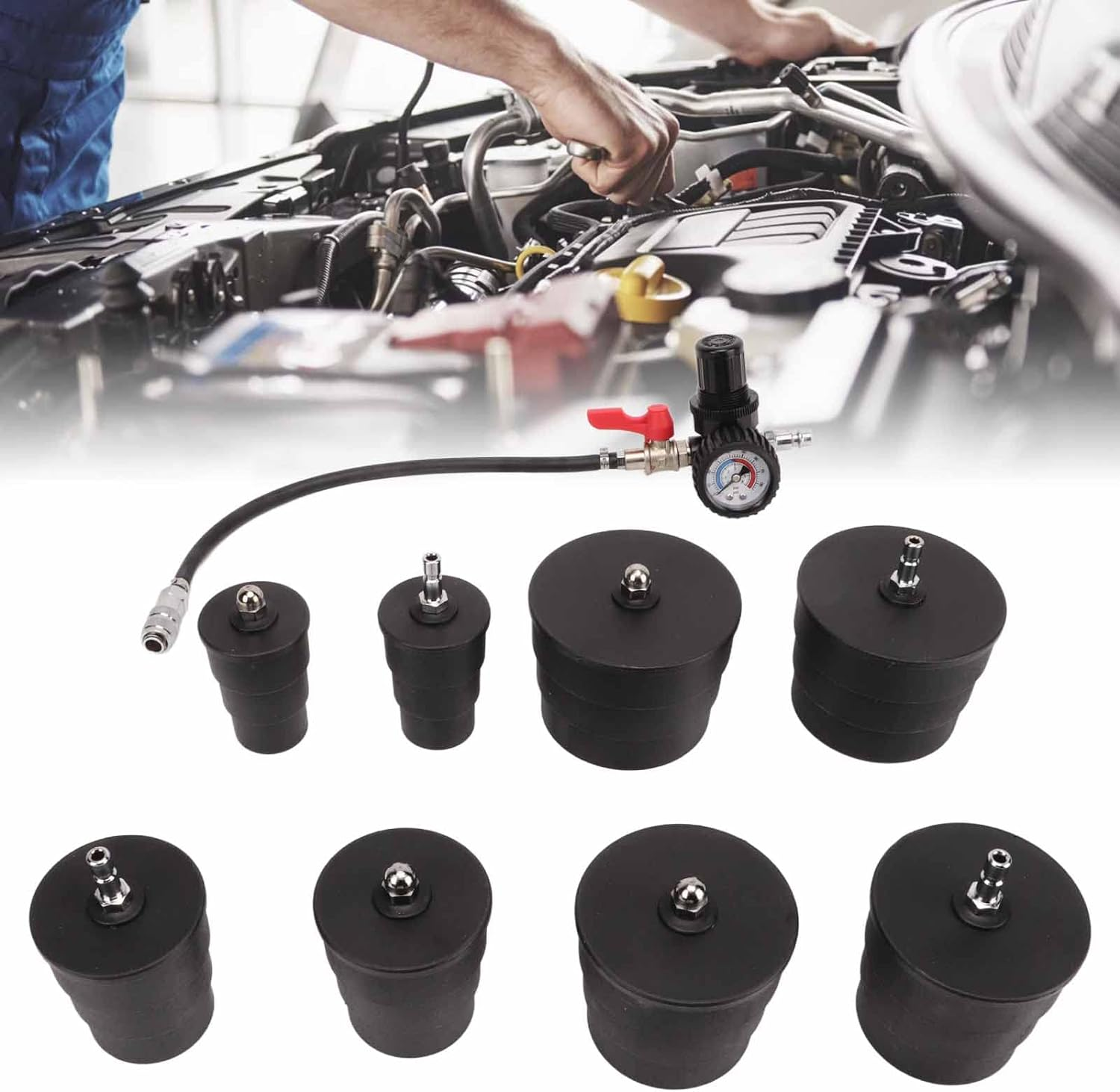 9Pcs Turbo System Leakage Tester Set, Turbo Boost Leak Tester Kit with Pressure Gauge, Turbocharger Air Pressure Boost Leak Test Kit, Turbo System Boost Pressure Leakage Tester image number 4