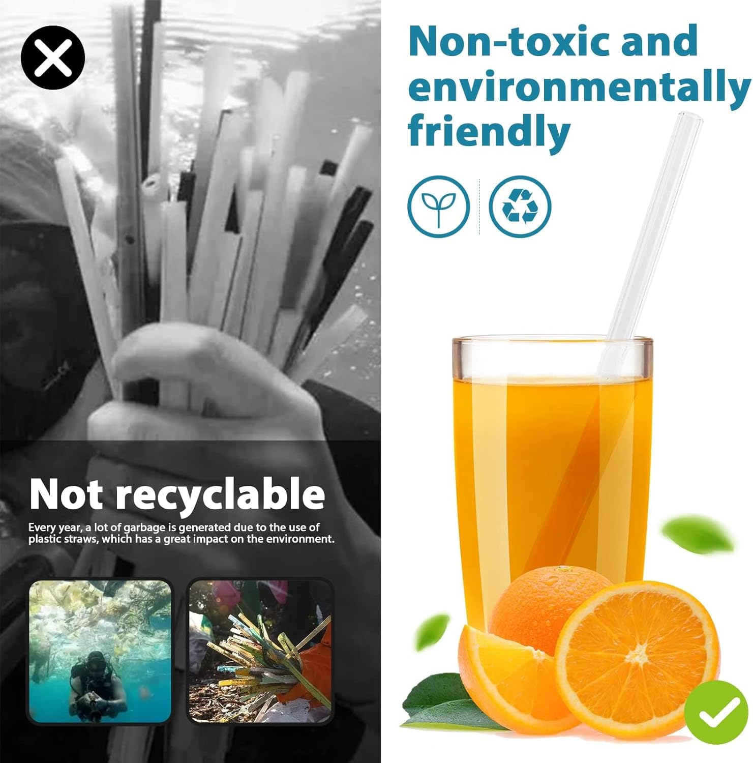 20 Pack Reusable Glass Straws,Set of 12 Straight and 4 Bent with 4 Cleaning Brush,Perfect for Smoothies,Tea, Juice, Milkshakes(8.5''X10 MM) image number 5