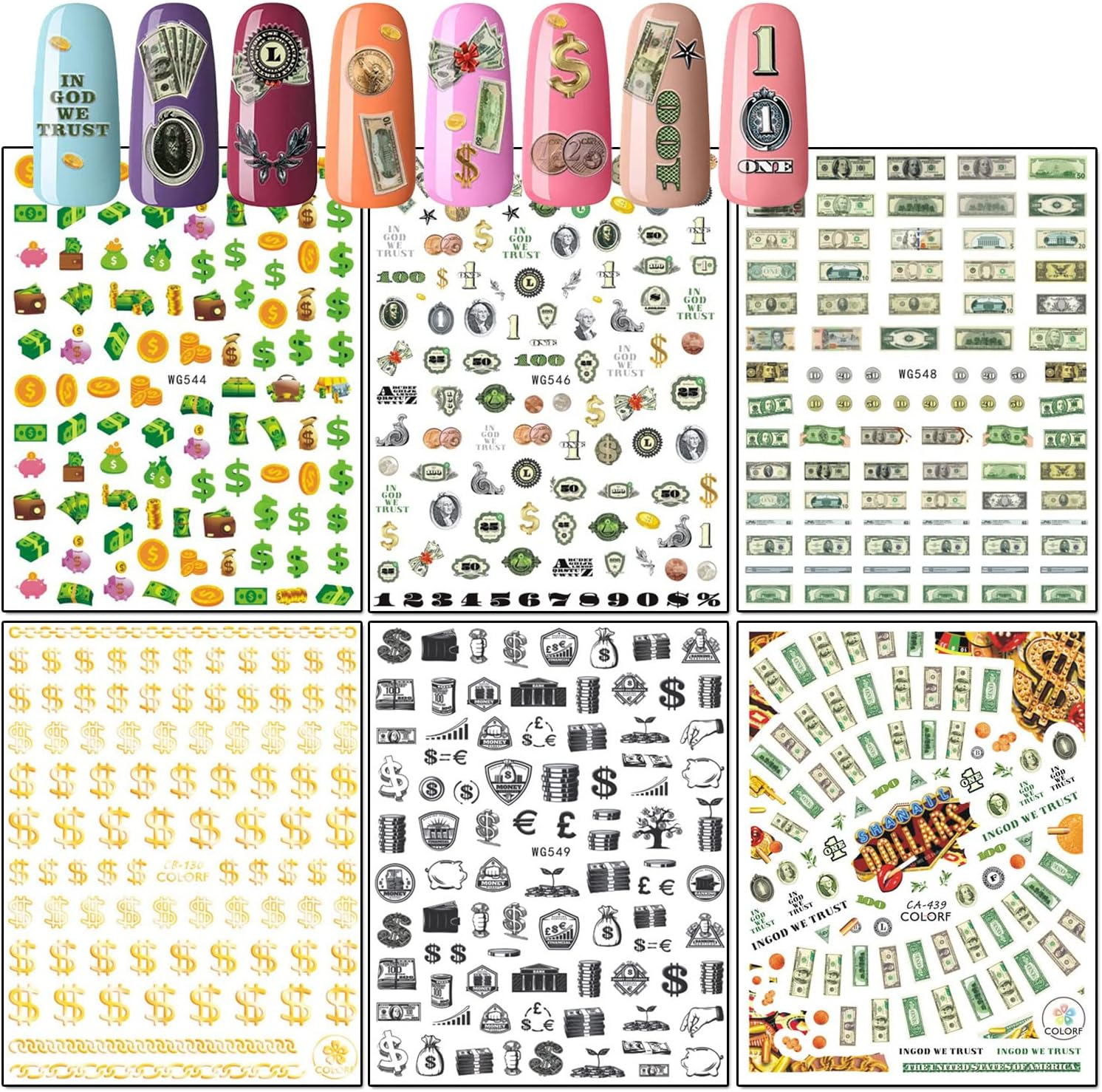 Money Nail Art Stickers, Interesting Dollar Nail Art Decals 3D Self-Adhesive Nail Sticker Design Holographic Funny Money Nail Decal for Women Girls Manicure Charms Decorations DIY Lucky Nail Art Tips image number 5
