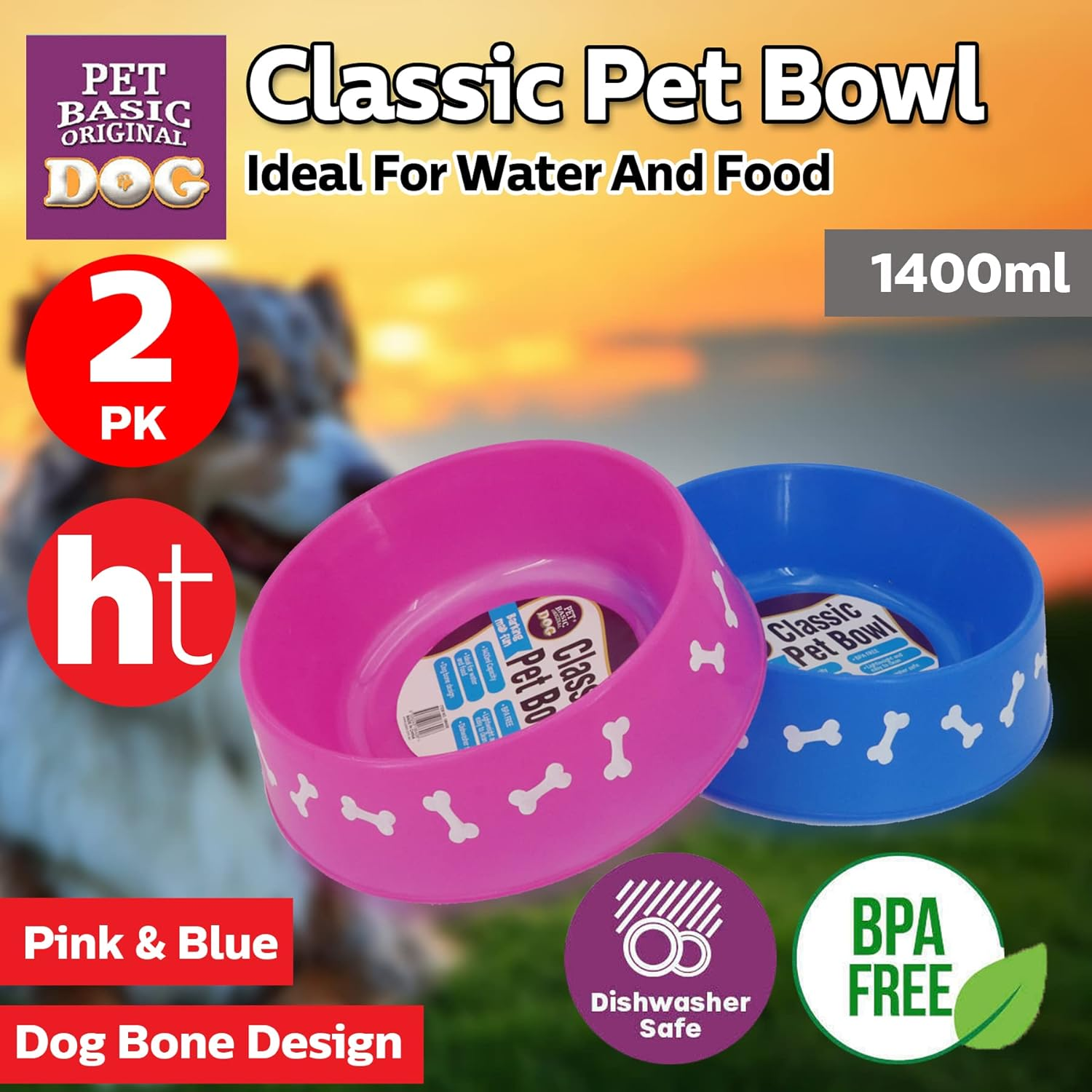 [2PCE] Pet Basic Original Classic Pet Bowl, Pink & Blue, 1400Ml Capacity, BPA Free, Lightweight and Easy to Clean, Dishwasher Safe, Ideal for Water and Food, Dog Bone Design image number 5