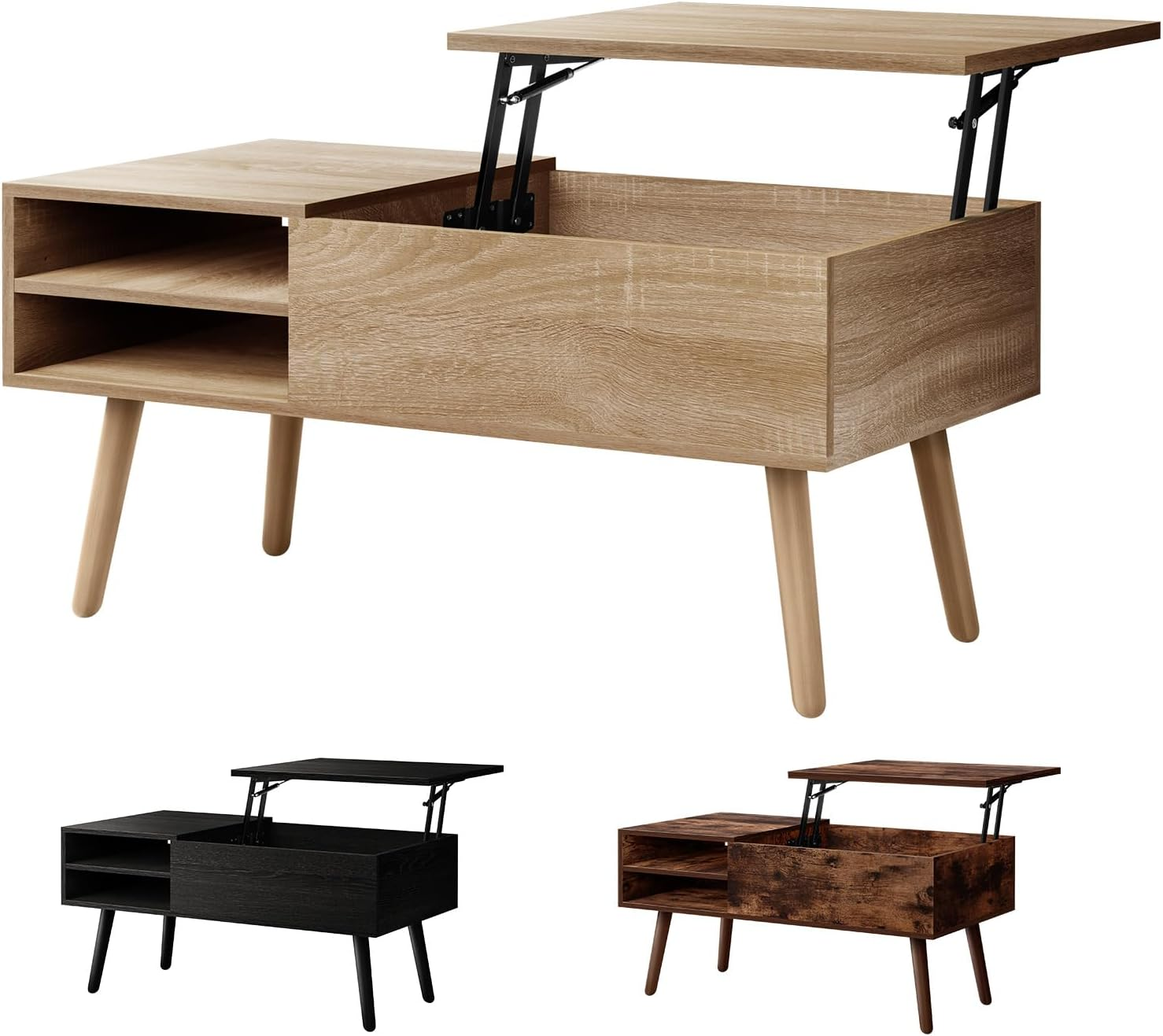 ALFORDSON Lift Top Coffee Table with Hidden Compartment and Side Open Shelves, Rising Tabletop Dining Table for Living Room Office Reception, Convertible Center Table, Wood image number 1