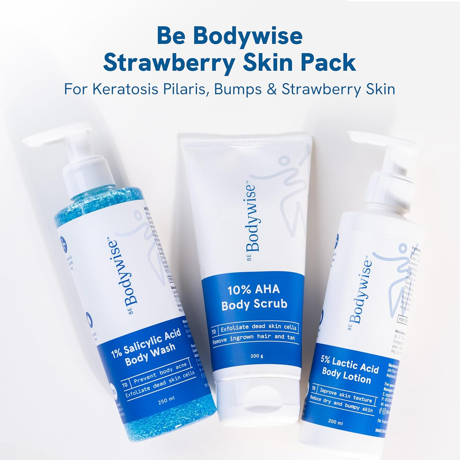 Be Bodywise Strawberry Skin Pack | with 1% SA Body Wash, 5% Lactic Acid Body Lotion & 10% AHA Scrub | Exfoliates, Reduces Body Acne, Strawberry Skin & Uneven Skin Texture | 650Ml