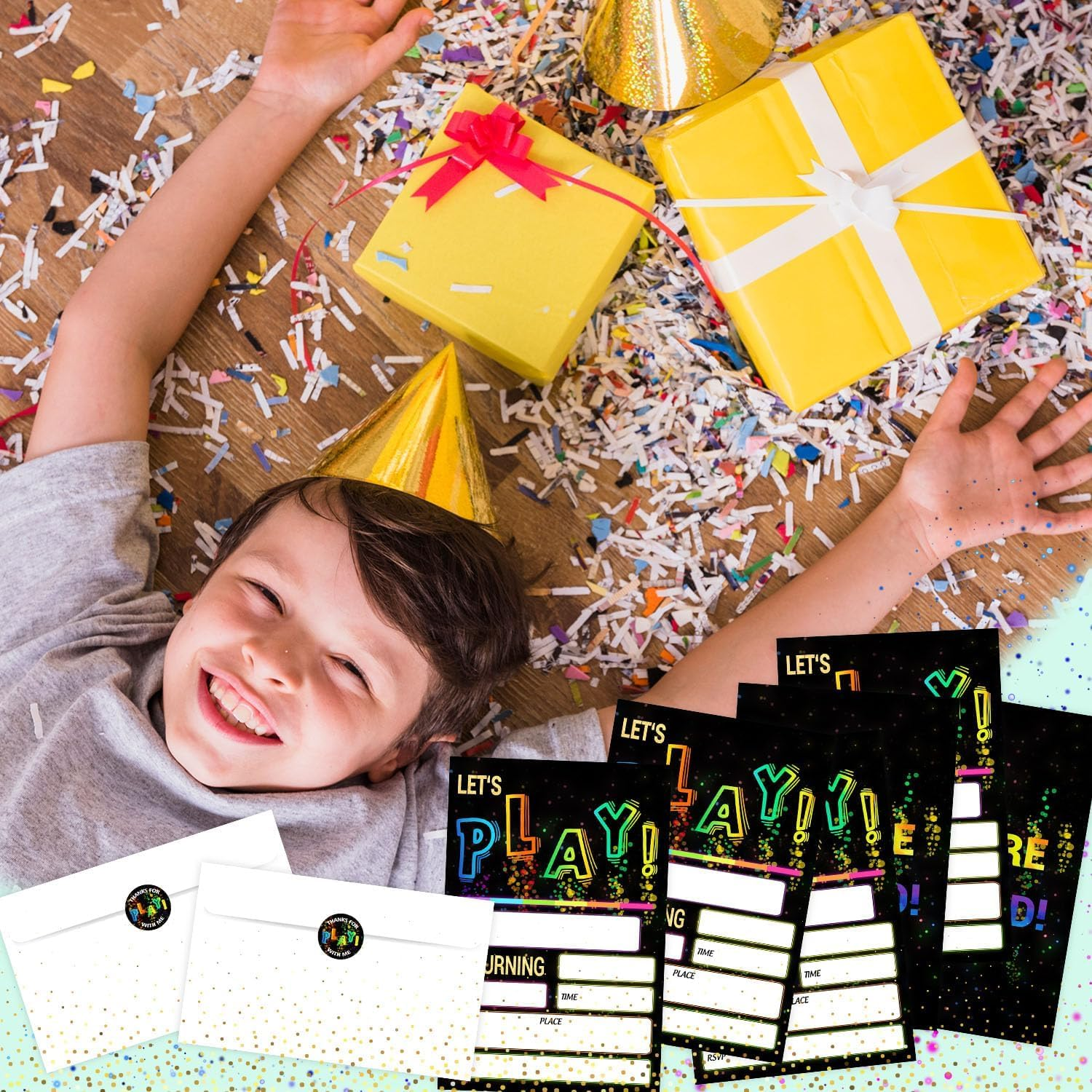 20 Pcak Glow Birthday Invitations Let'S Play Birthday Party Invitations, 4 X 6 Inch Glow Trampoline Play Party Invitation Cards, Double-Sided Party Invitation,20 Cards Envelopes Stickers image number 4