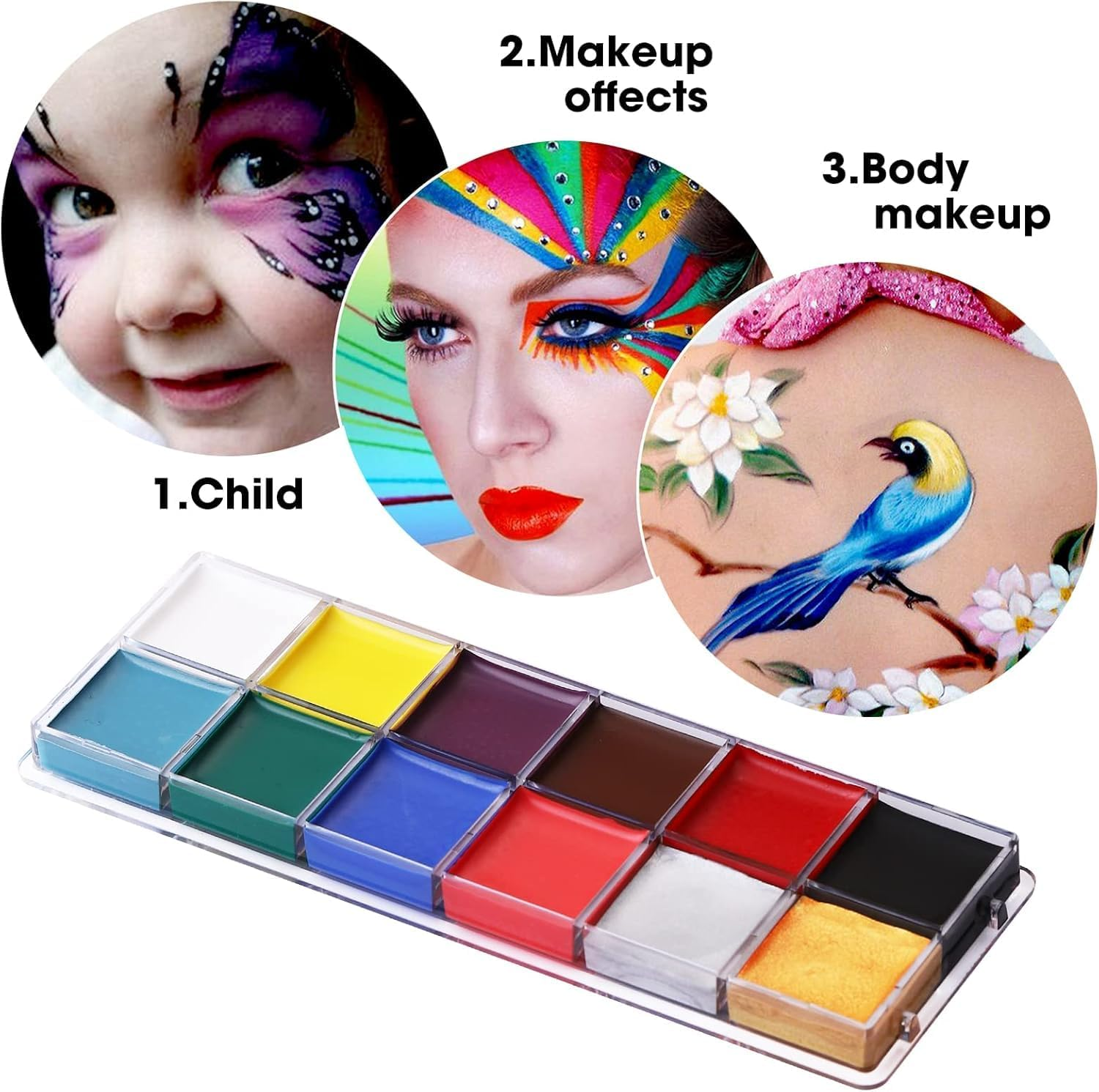 12 Color Face Painting Kit, Professional Body Paint Palette Set, Matte Shimmer Washable Make up Palettes with Brush, Professional Face Paint for Festivals Parties Halloween Makeup Cosplay