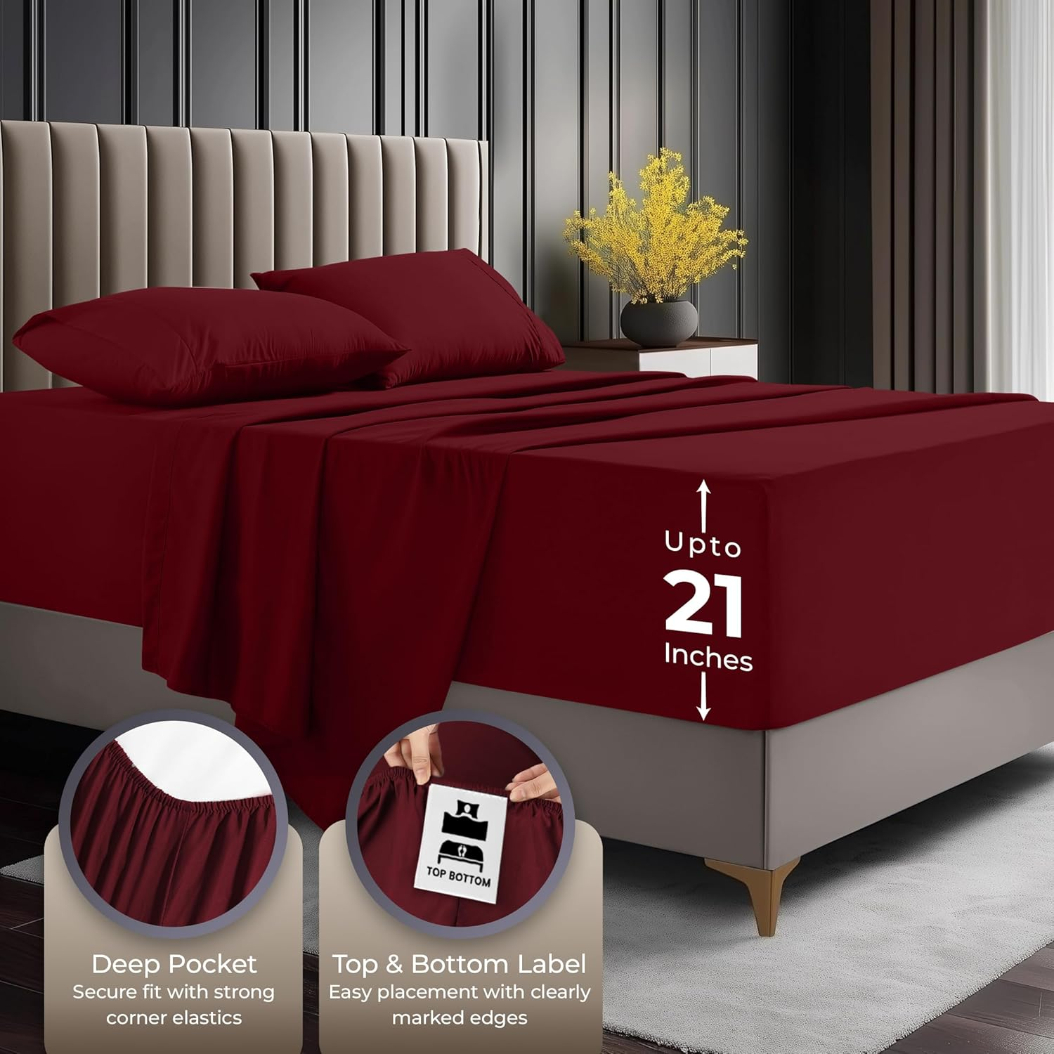 Utopia Bedding Deep Pocket Queen Sheet Set &ndash; Fits Mattresses up to 21 Inches &ndash; Cooling, Soft & Breathable &ndash; Oeko-Tex 4 Piece Bed Sheets (Burgundy) image number 2