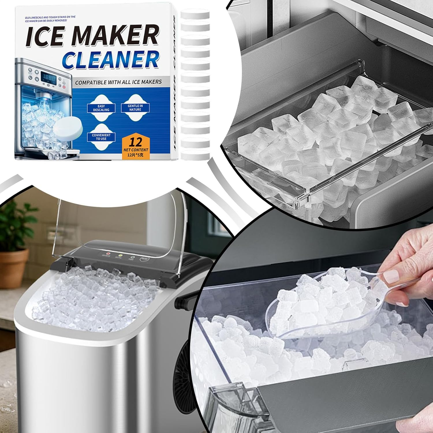 12 Pieces Ice Maker Cleaner Tablets, Ice Machine Cleaner, Coffee Machine Descaler, Tablets Descaling for Cleaning Appliance Home Cooler Remove Odor,For Dining Room Kitchen Household Commercial image number 4