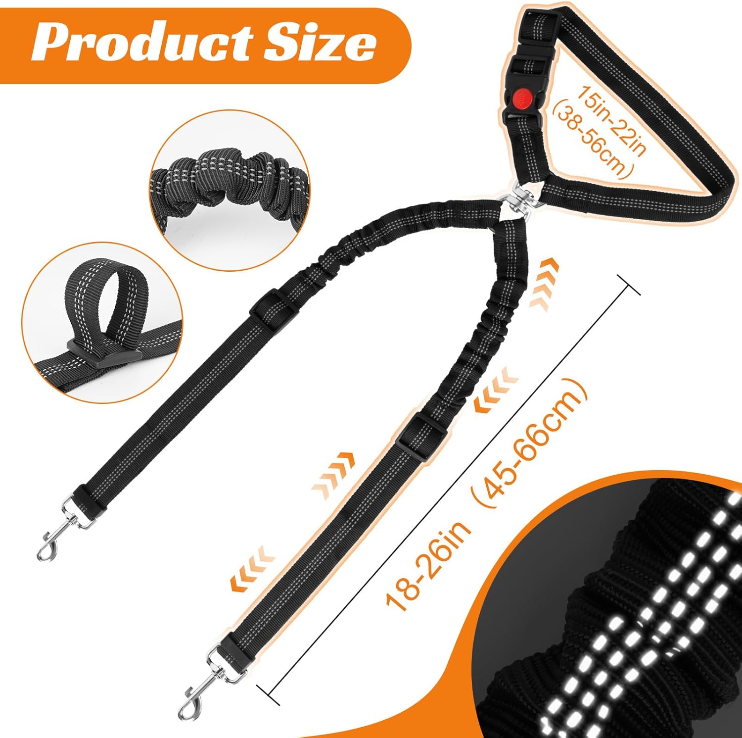 Double Dog Seat Belt for Car Travel - Dual Clip Adjustable Pet Safety Harness, Adjustable Nylon Strap Secures 2 Pets, 360&deg; No Tangle Dogs Cars Tethers with Reflective Strips, Black image number 2