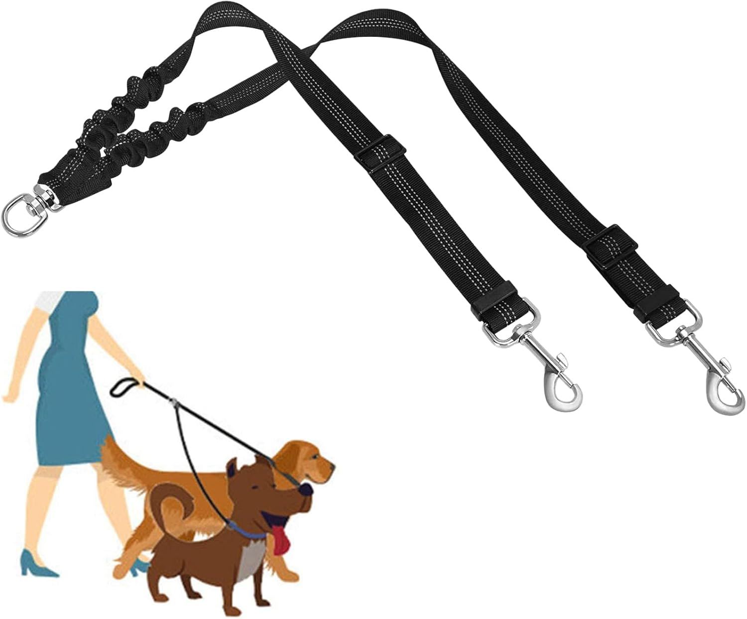 Dual Dog Leash 360 Swivel Rotation Bungee Stretch Reflective for Medium Large image number 5