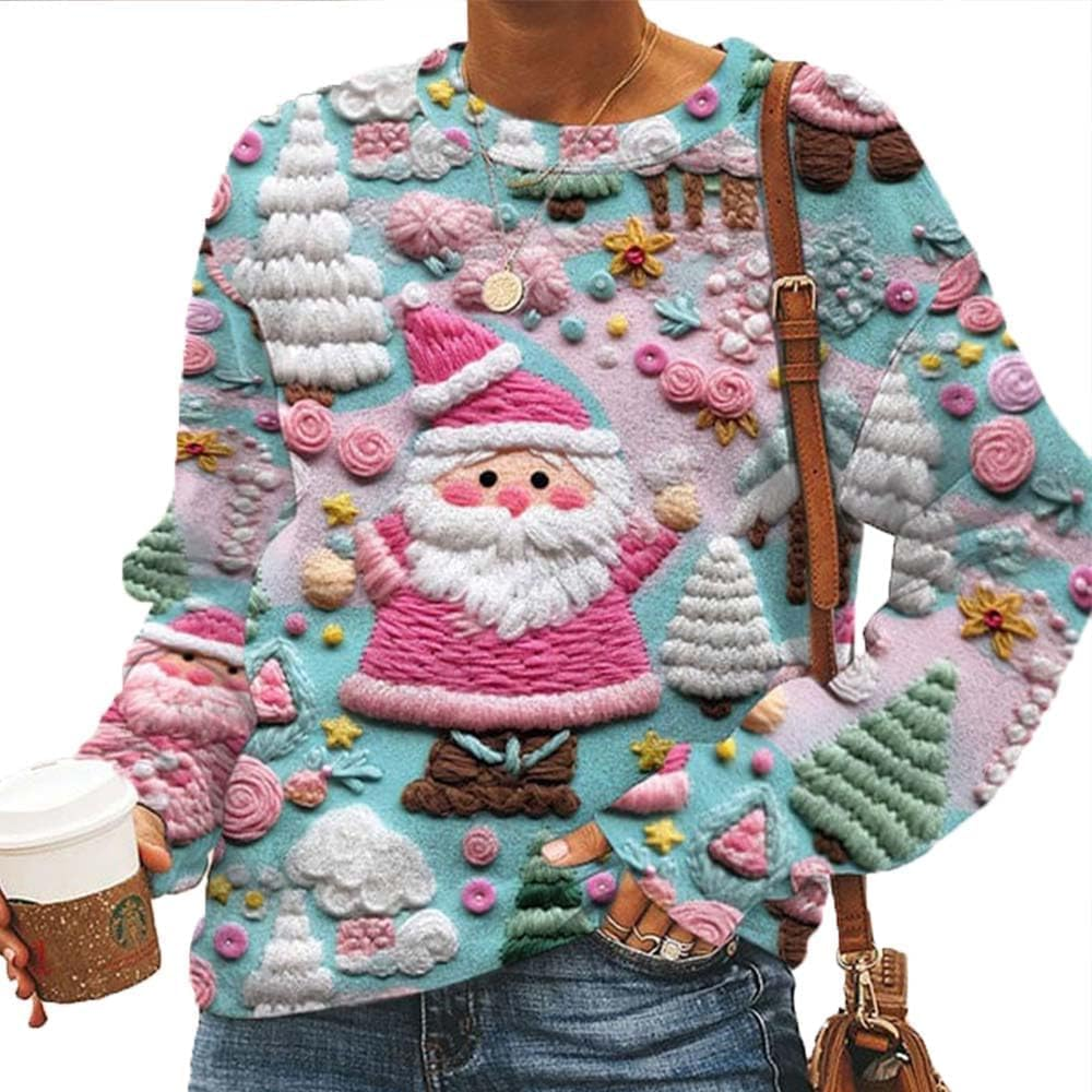 Amazingeverything Pink Santa Shirt Pink Santa Sweatshirt Cute Santa Pink Santa Claus Ugly Christmas Sweater for Women image number 1