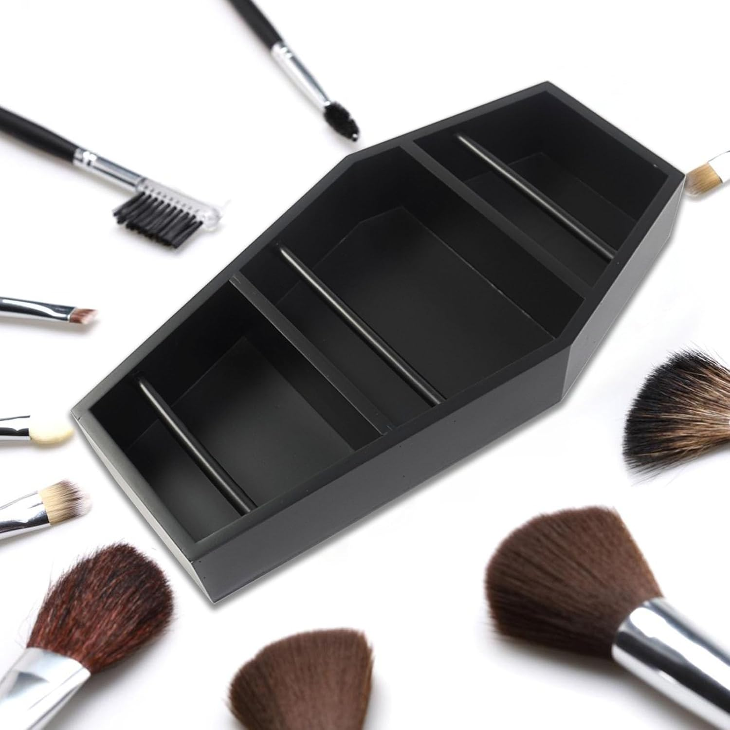 16In Makeup Coffin Shelf with 2 Coffin Brush Holder, Wooden Goth Decor for Display, Makeup Organizer Spooky Coffin Gothic Decor for Lipstick, Nail Polish or Makeup Brushes /34 image number 1