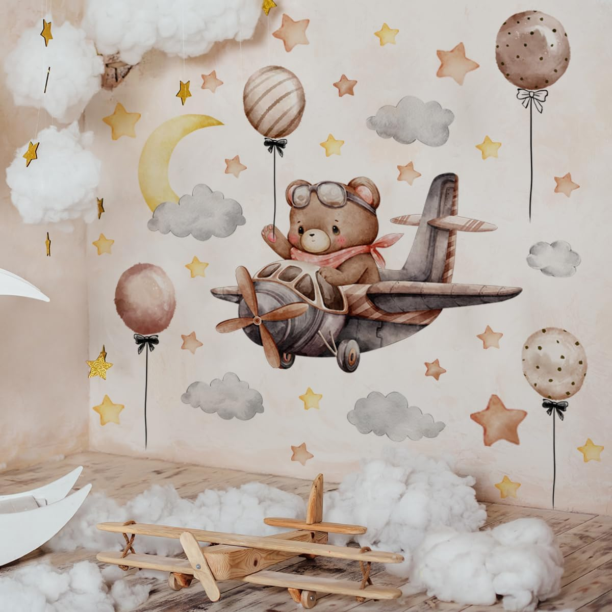 Removable Hot Air Balloons Wall Decals Watercolor Balloons Birds Stars Wall Stickers DIY Hand Painting Hot Air Balloons Clouds Flags Decor for Kids Girls Bedroom Living Room Nursery Decor