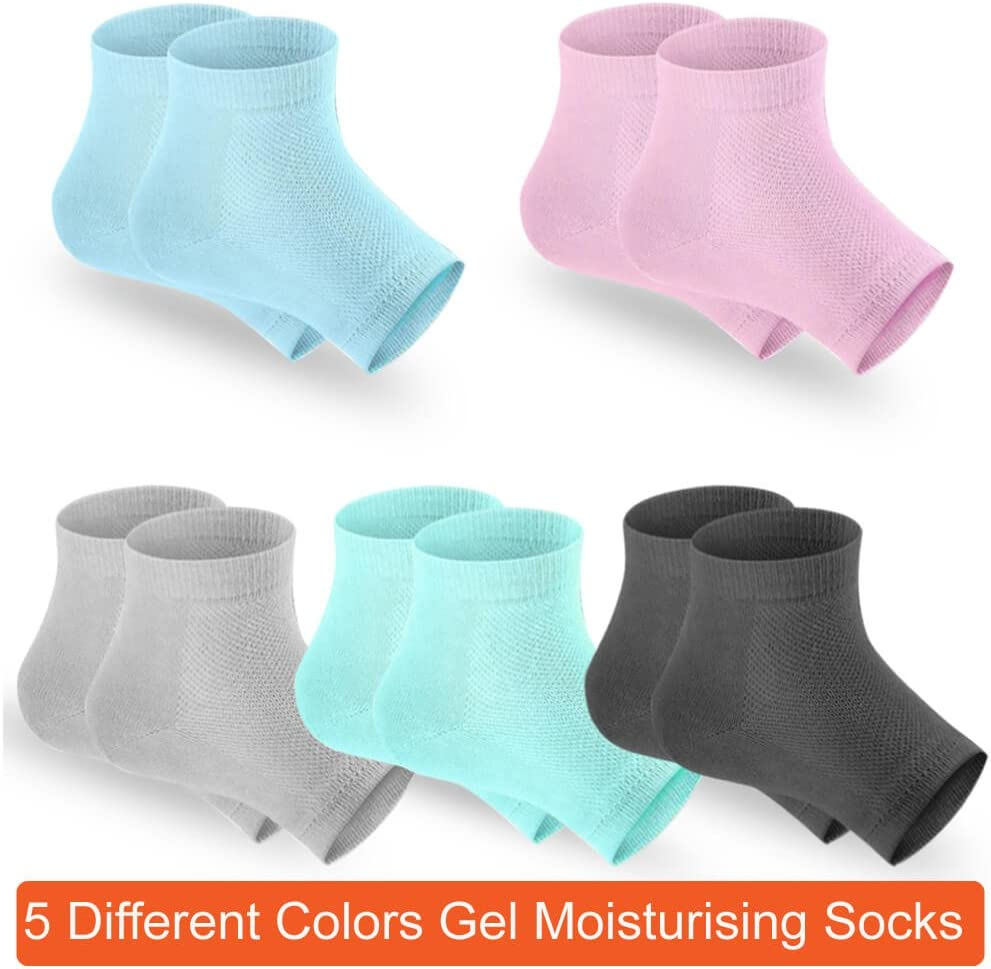 Selizo 5 Pairs Moisturizing Gel Heel Socks Open Toe Socks for Dry Hard Cracked Heels, 5 Colors image number 4