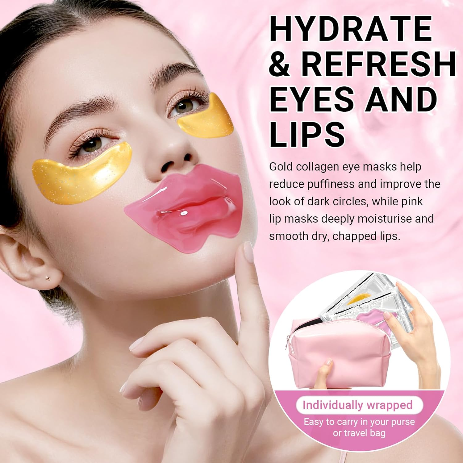 20 Pcs Collagen Gold Eye Mask & Pink Lip Mask Set&ndash;Hydrating under Eye Patches & Lip Masks for Puffy Eyes,Dark Circles & Dry Lips&ndash;Skincare Gift Set for Women image number 6