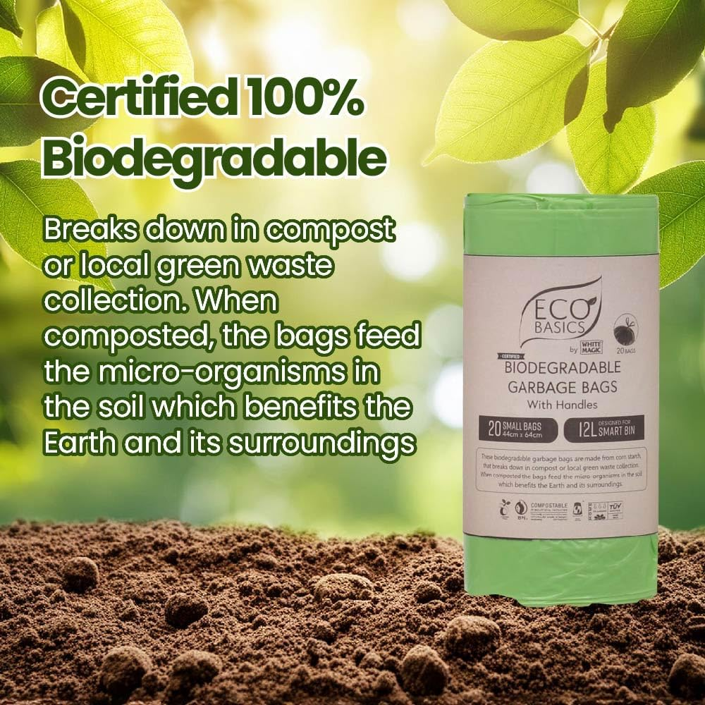 Eco Basics Biodegradable Garbage Bags with Handles &ndash; Small, 20 Bags, 12L, 44 X 64Cm, Strong & Compostable Corn Starch Bags image number 3