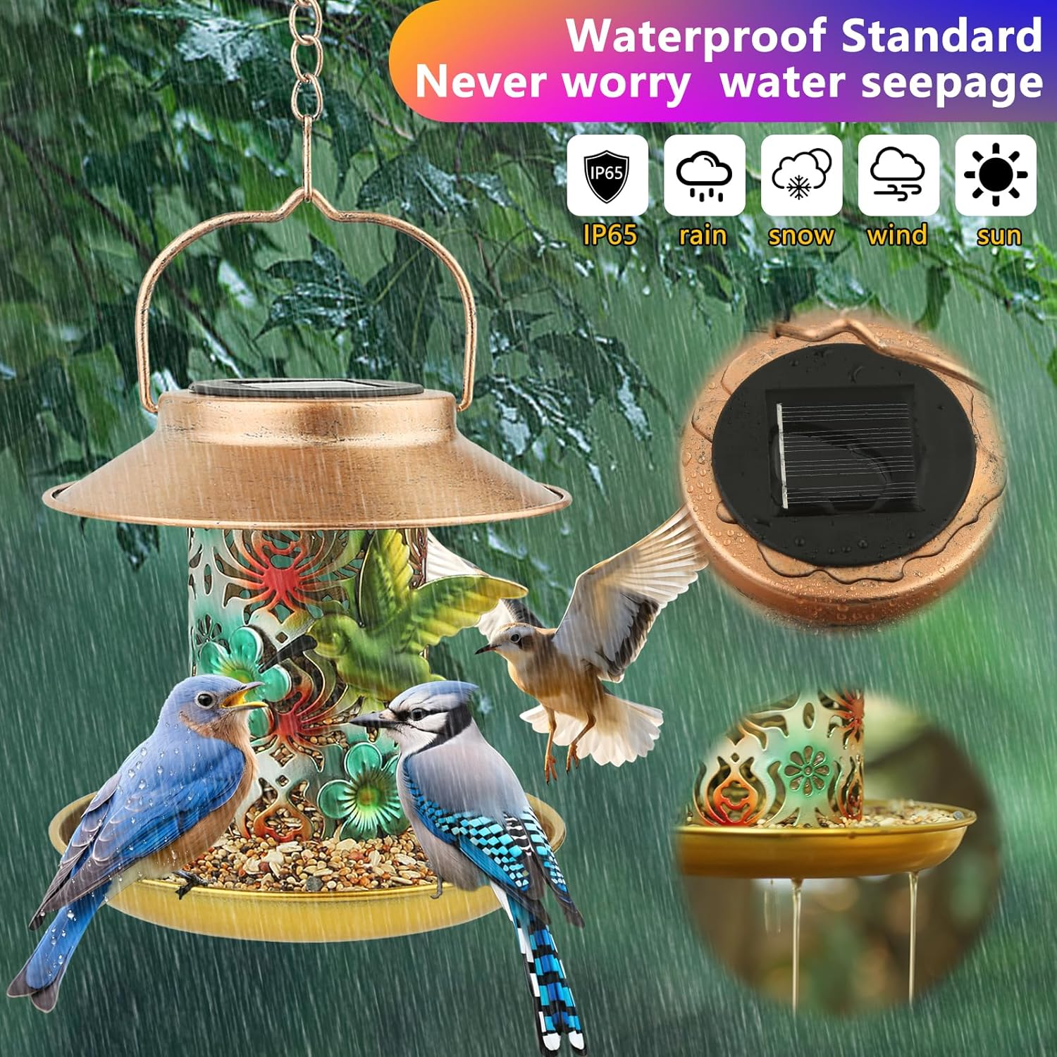 PENXUA Solar Bird Feeder for Outdoors Hunging, Gifts for Mom Grandma Women, Metal Waterproof outside Wild Bird Feeders,Cardinals Feeders, Gifts for Bird Lovers, Lantern Light, Garden Decoration image number 3