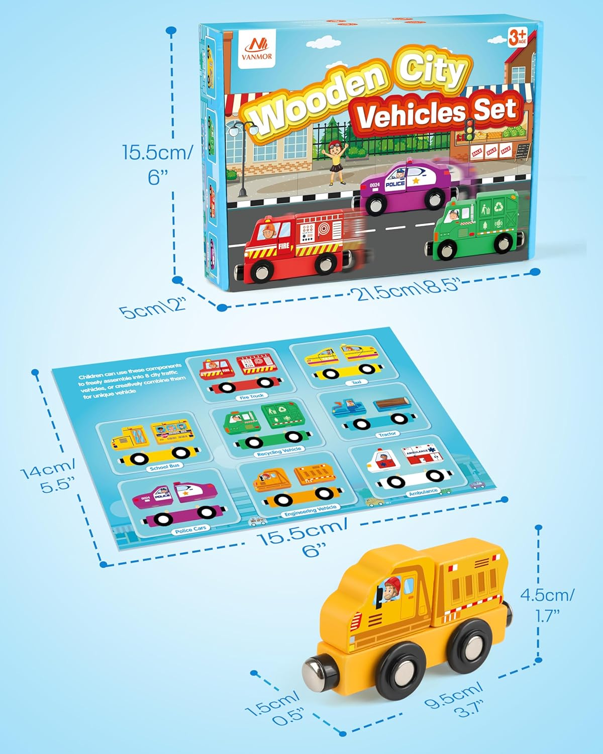 Vanmor Wooden Car Vehicle Set, 8 PCS Magnetic City-Themed Train for Toddlers, Montessori Fine Motor Skills Educational Toy for Kids Aged 3 for Imaginative Play and Development image number 6