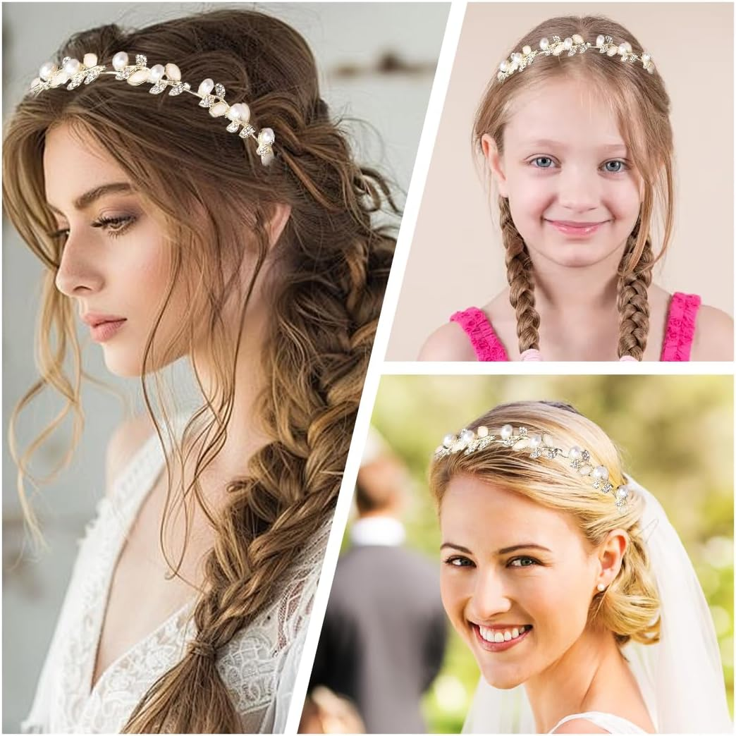 WUSJCOF Bridal Headband Wedding Hair Band Faux Pearl Rhinestone Hair Crown Crystal Pearl Bridal Tiara Hair Bands Elegant Accessories image number 2
