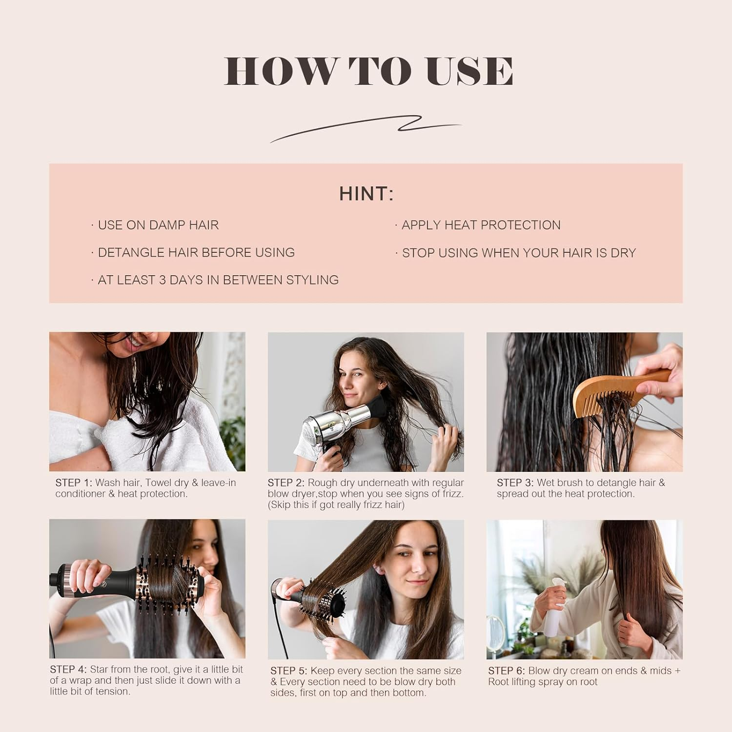 Dual Voltage Hair Dryer Travel Hair Brush , Hair Curler Small Hair Straightener Brush with European Plug Adapter for International Travel, 5 in 1 Hot Air Styler & Dryer for Drying Straightening Curl Brush image number 3