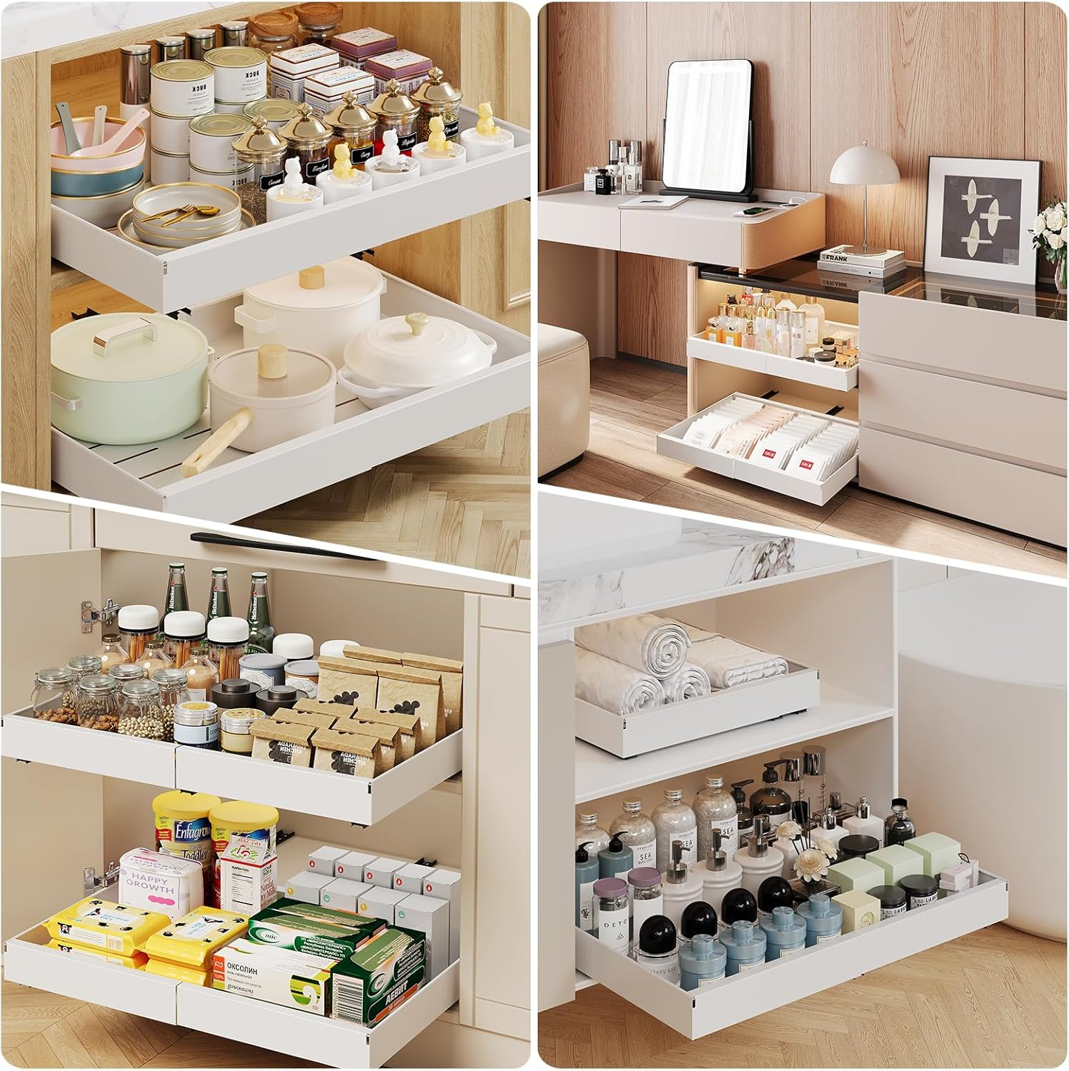 Casgee Pack of 4 Telescopic Drawers, Extendable Kitchen Drawer, Width 32-52 Cm, Extendable Cupboard Organiser with Rail System, Stick Slide Out Pull-Out Kitchen Cabinet for Kitchen Organisation, White image number 1