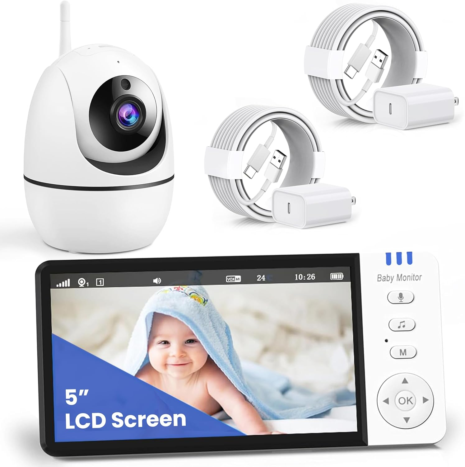 Baby Monitor- 5-Inch Large Ultra HD Display Baby Camera Monitors, Wireless Camera and Audio, Night Vision, 4X Pan-18 Hours VOX Mode,Temperature Sensor, Baby Monitor No Wifi with Lullabies image number 1