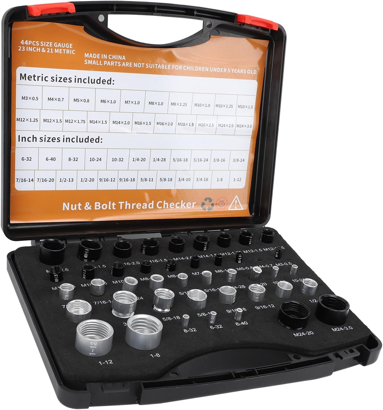 Nut and Thread Checker, 44Pcs Carbon Steel High Accuracy Size and Thread Gauge, Portable Identifier with Storage Box for Imperial and Metric Nuts