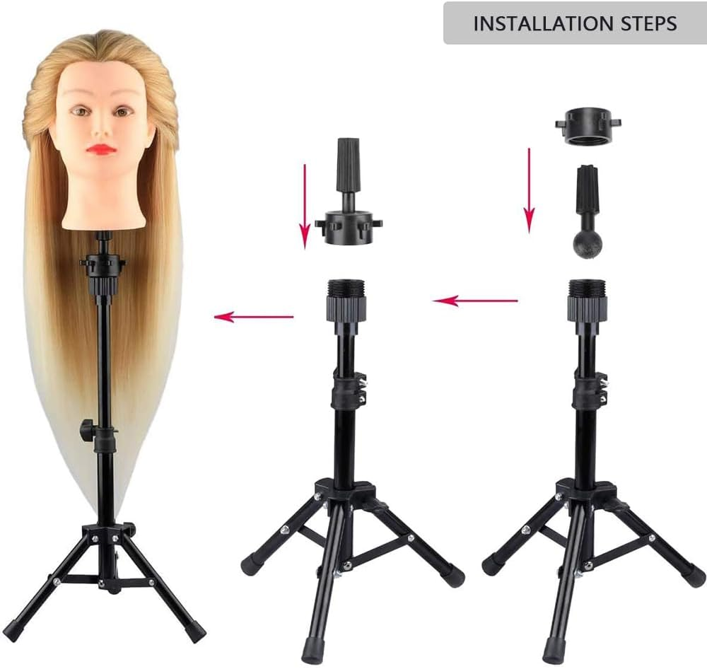 HYAVIA Mini Wig Tripod Stand &ndash; Adjustable Foldable Mannequin Head Holder for Wig, Canvas Block Head Tripod for Cosmetology Hairdressing Training (Black) image number 6