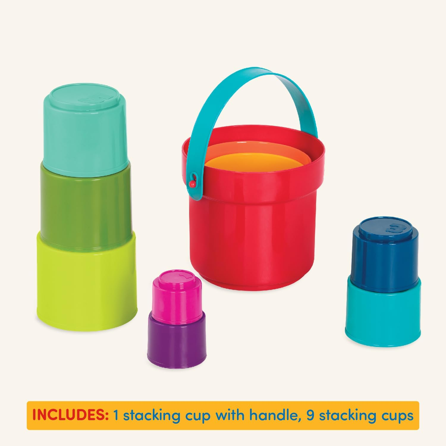 Battat &ndash; Stacking Cups &ndash; 10 Pcs &ndash; Plastic Nesting Toys &ndash; Bucket with Carry Handle &ndash; Water & Sand &ndash; Colorful Toy Set for Toddlers &ndash; Stack up Cups &ndash; 18 Months + image number 5