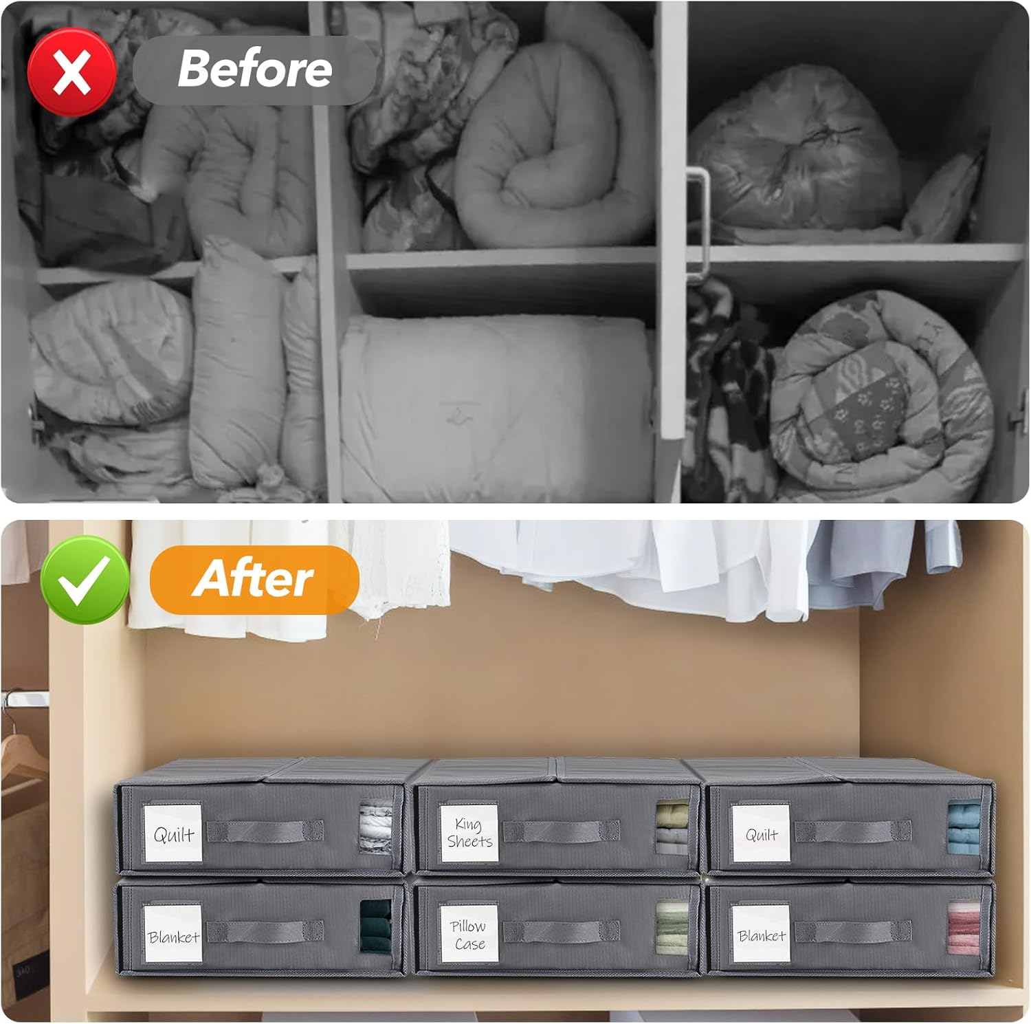 Linen Storage Bag, Bed Sheet Organiser with Handle, 6 Pack King Size Foldable Storage Box for Wardrobe, under Bed Storage | Premium Organiser with Clear Window & Labels for Home Storage & Organisation image number 7