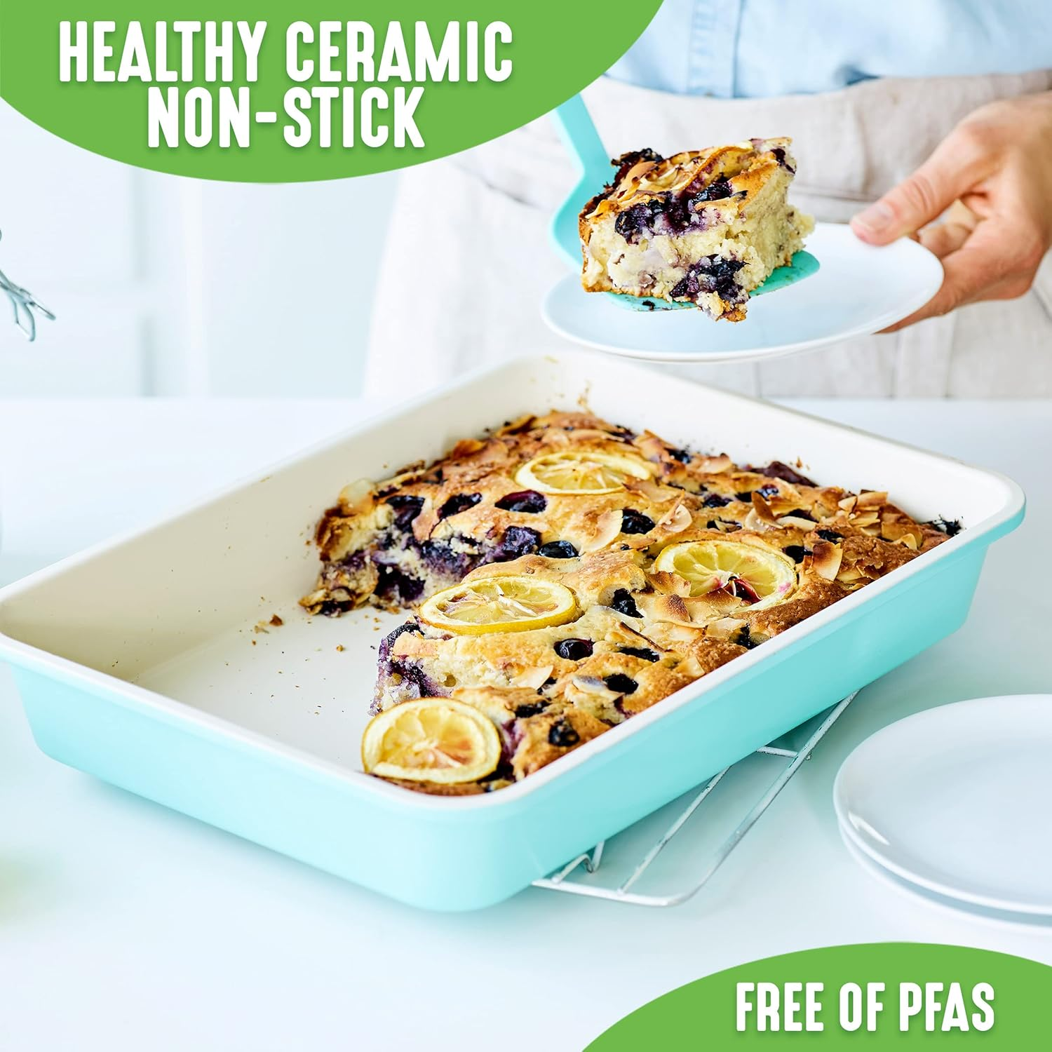 Greenlife Bakeware Healthy Ceramic Nonstick, 4 Piece Toaster Oven Baking Set with Cookie Sheet Muffin and Cake Pan, Pfas-Free, Turquoise image number 6