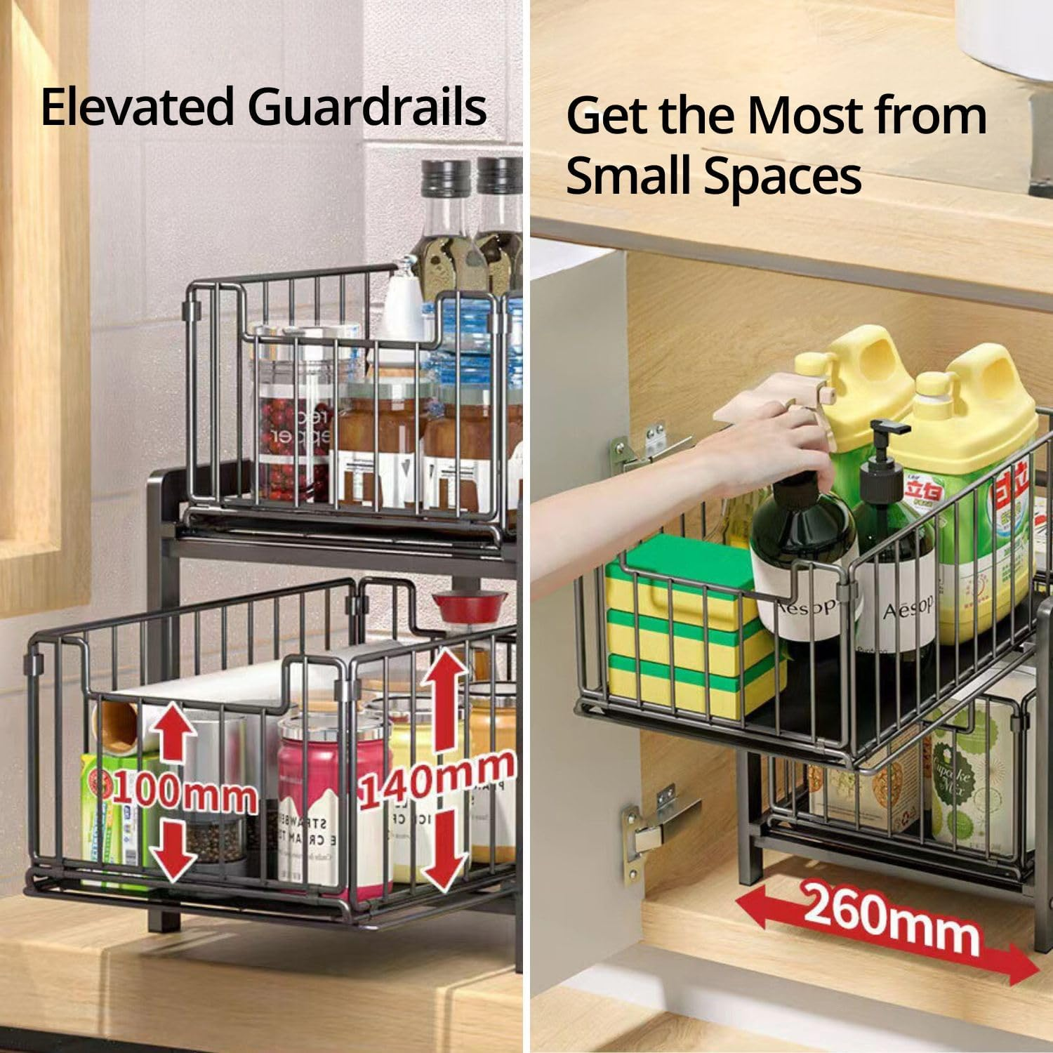 Gominimo under Sink Stackable Organizer Pull Out Sliding Drawer Cabinets, Multi-Purpose under Sink Shelf for Kitchen and Bathroom/Cabinet Drawers, Black