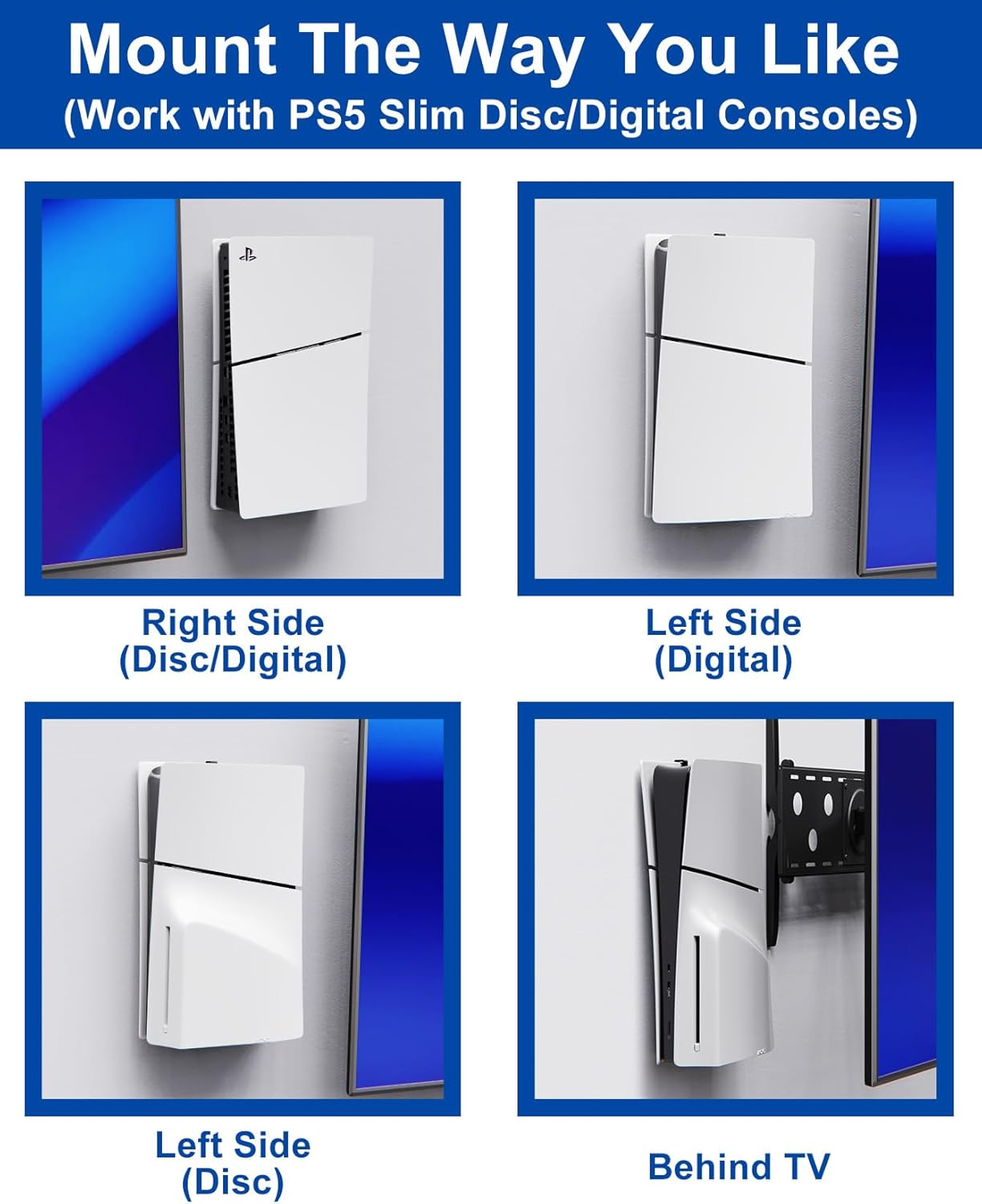 ALIENERGY PS5 Wall Mount for Playstation 5 Console - Sleek Hidden Design for Mounting near or behind TV, 2 Controller & Headset Holders Included (PS5 Slim)
