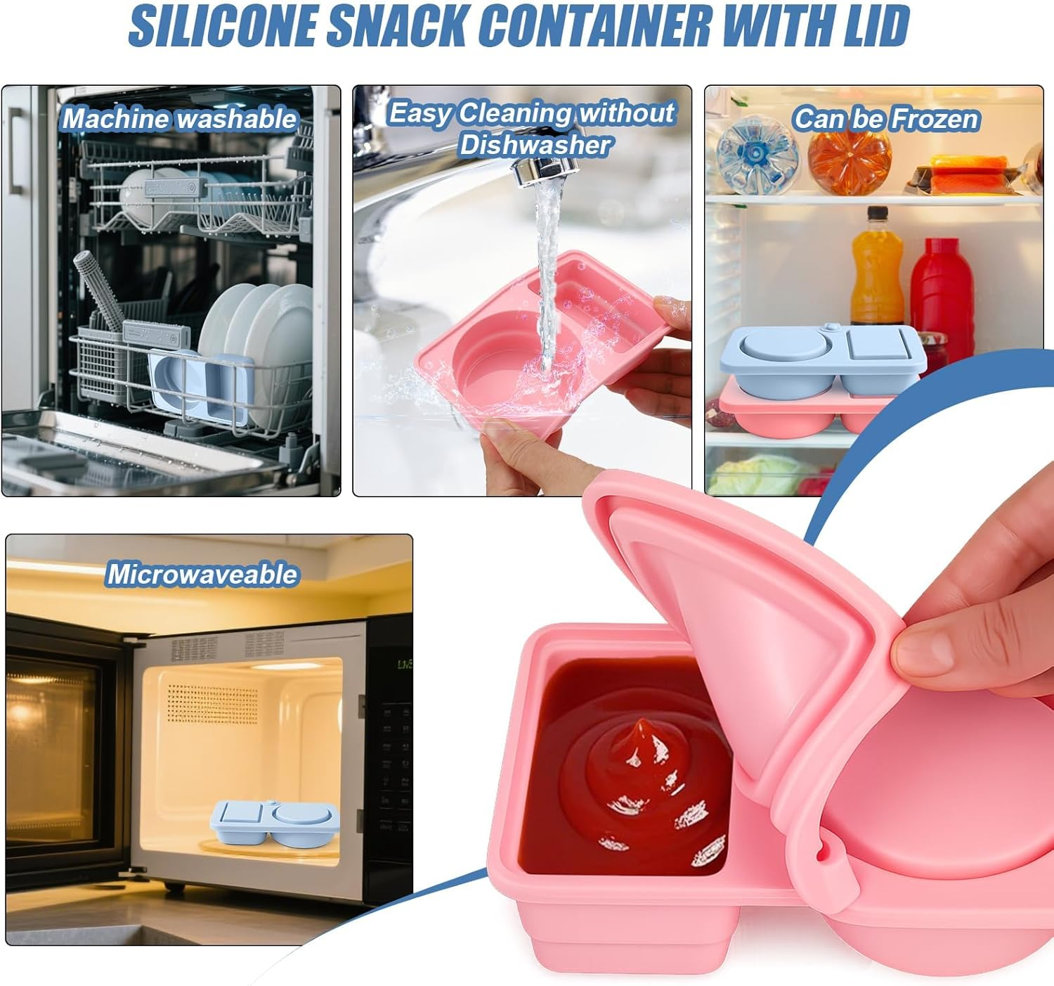 4 Pack Silicone Reusable Snack Containers with Lids, Double Compartment Snackle Box Containers, Salad Dressing Sauce Seasoning Container, Small Mini Food Snack Boxs for Travel, Office, Picnic image number 1