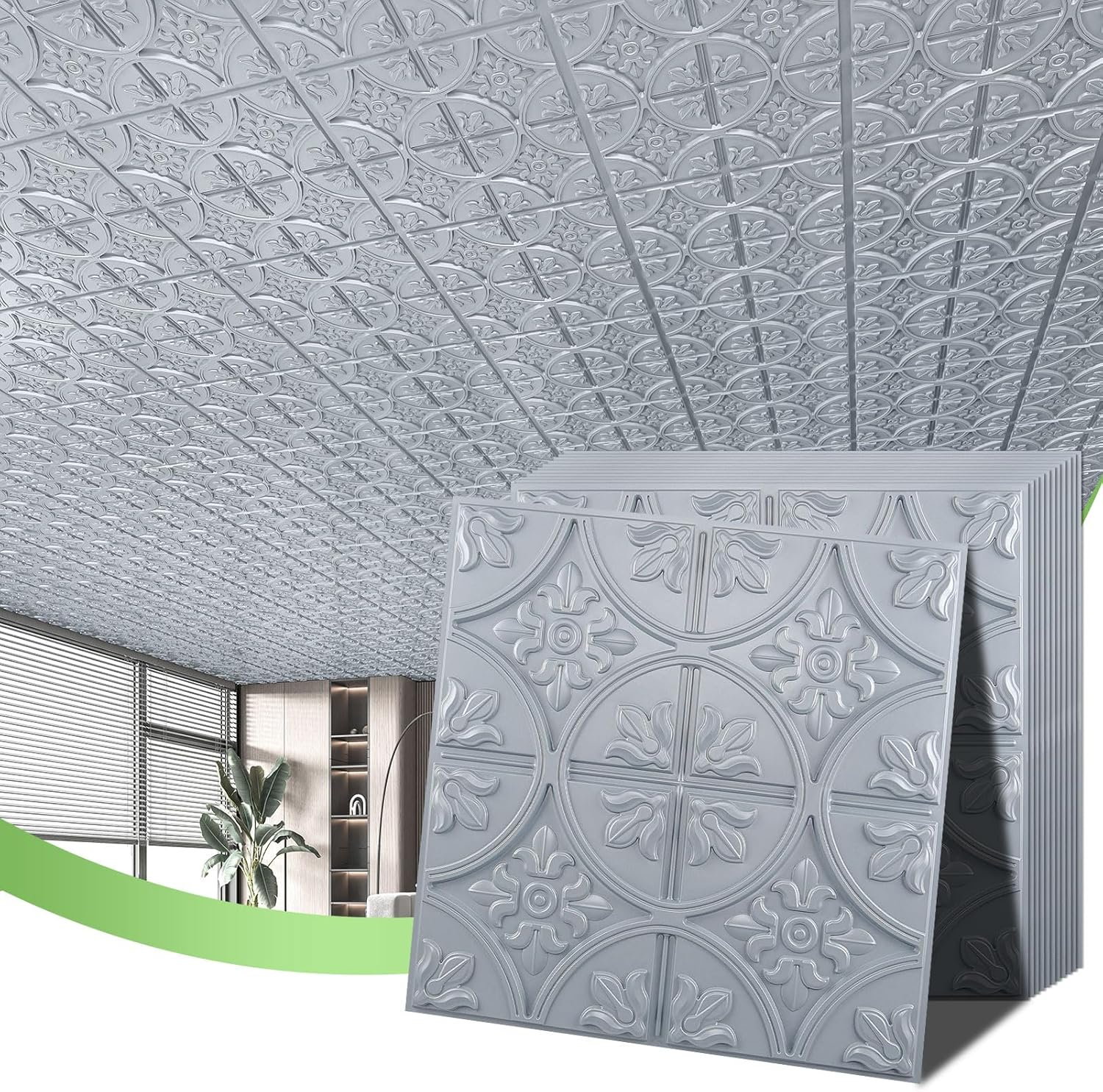 Art3D Drop Ceiling Tiles 2X2, Glue-Up Ceiling Panel, Fancy Classic Style in Gray