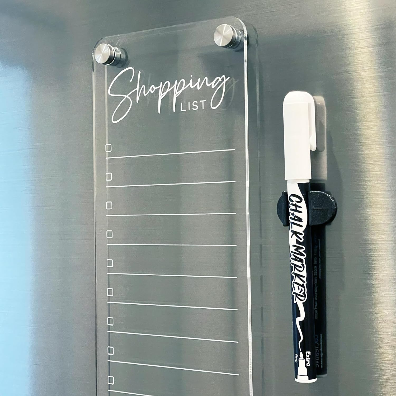 Magnetic Acrylic Shopping List Whiteboard 30Cm X 10.5Cm - Clear Dry Erase Checklist Board for Fridge - Includes White Chalk Pen & Magnetic Pen Holder image number 3