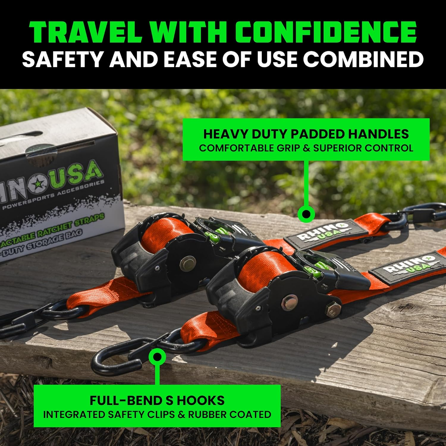 Rhino USA Retractable Ratchet Tie down Straps (Pack of 2) - 3000Lb Break Resistance Including (2) 2" X 10Ft Self Retracting Tie down Straps - Orange image number 2