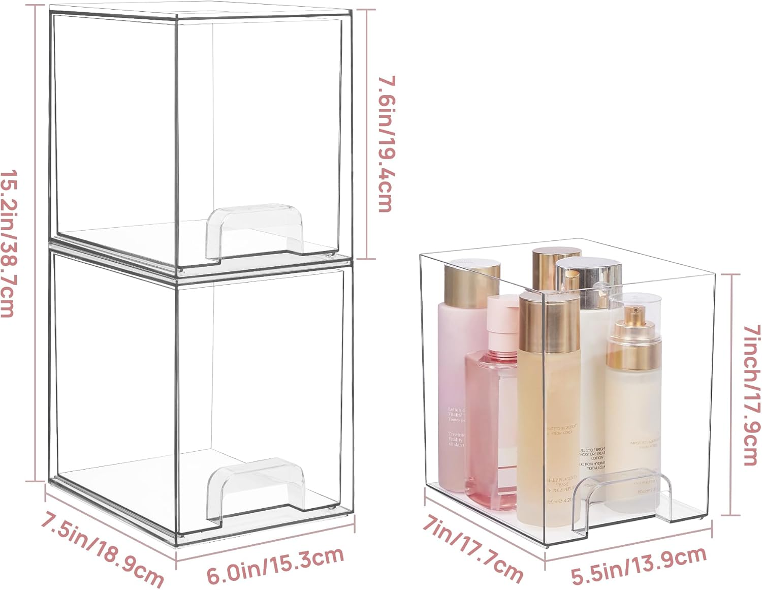 Vtopmart 7.6" H Clear Stackable Storage Drawers, 4 Pack Plastic Organizers Bins for Skincare, Cosmetics,Beauty Supplies,Ideal for Vanity, Bathroom,Kitchen Countertop,Cabinet Organization image number 2