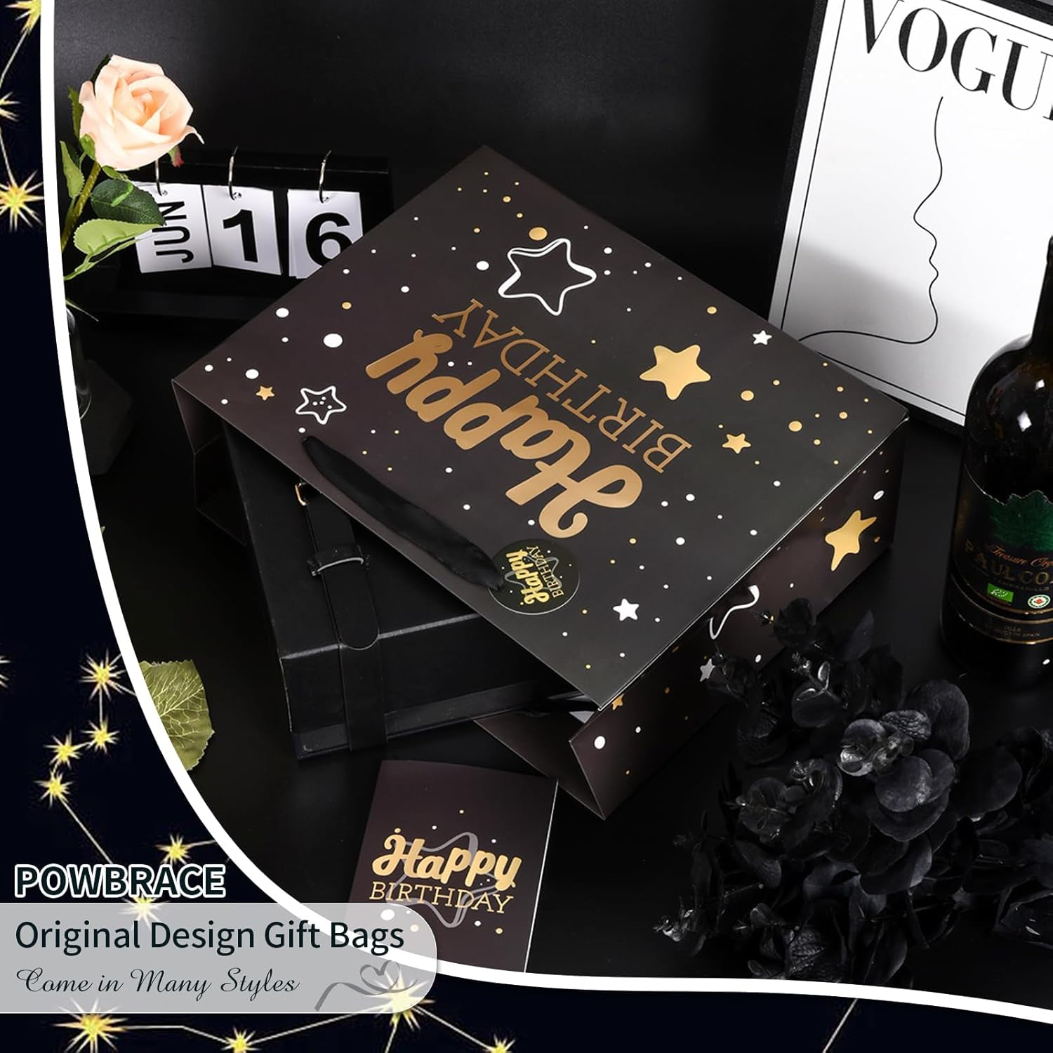 PAOFUFUI Birthday Gift Bag with Tissue Paper and Greeting Card, 13'X10.2'X4.9' Unisex Includes Card, Ribbon, Crinkle Paper (Black Starry Sky) image number 2