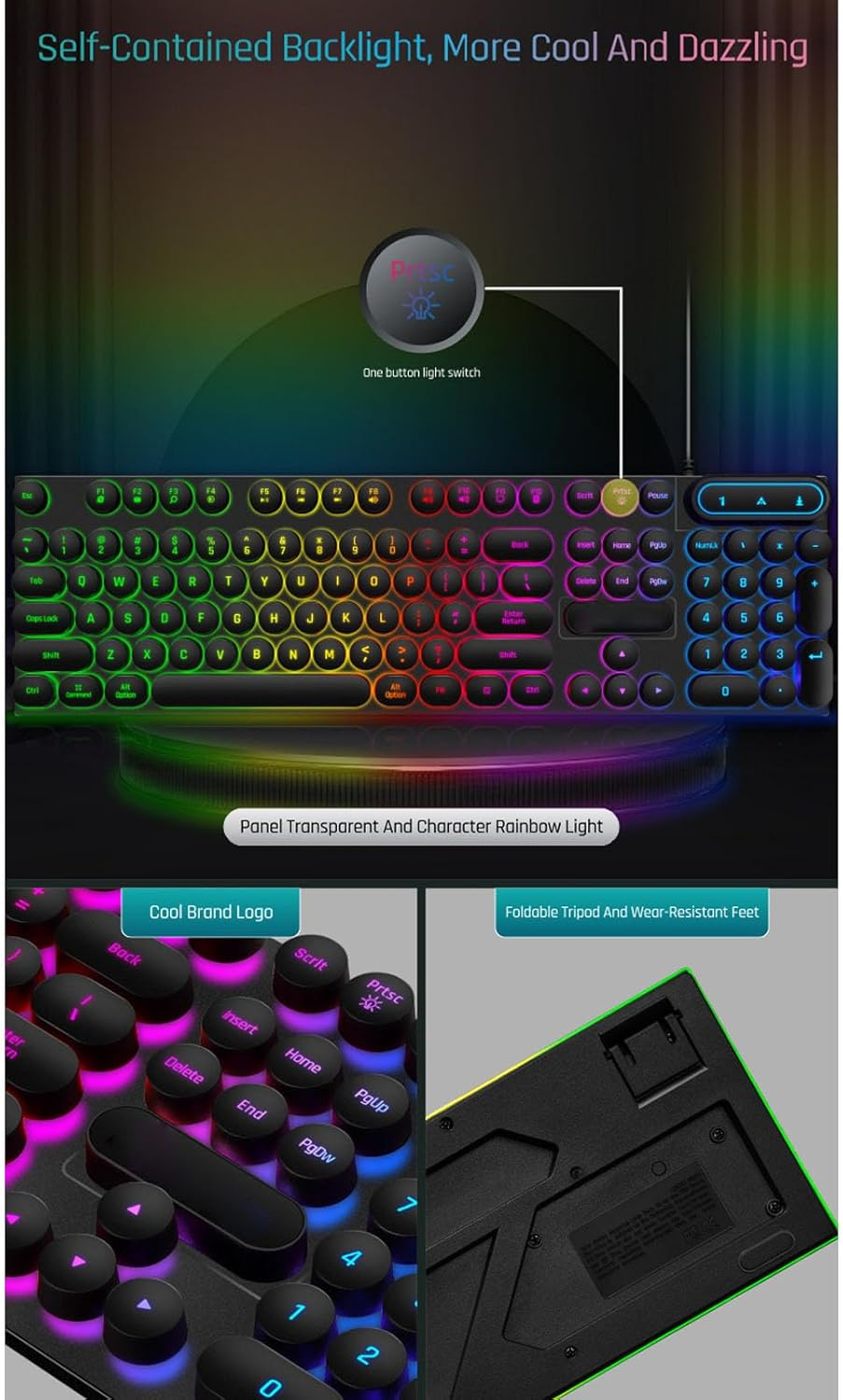 Wired Gaming Keyboard and Mouse Combo, LED Backlit anti Ghost Wired Keyboard Mouse, Retro Punk round Keycaps, 1600DPI Optical Mouse, USB Computer Keyboard for Winxp/7/8/10, OS X - White image number 5