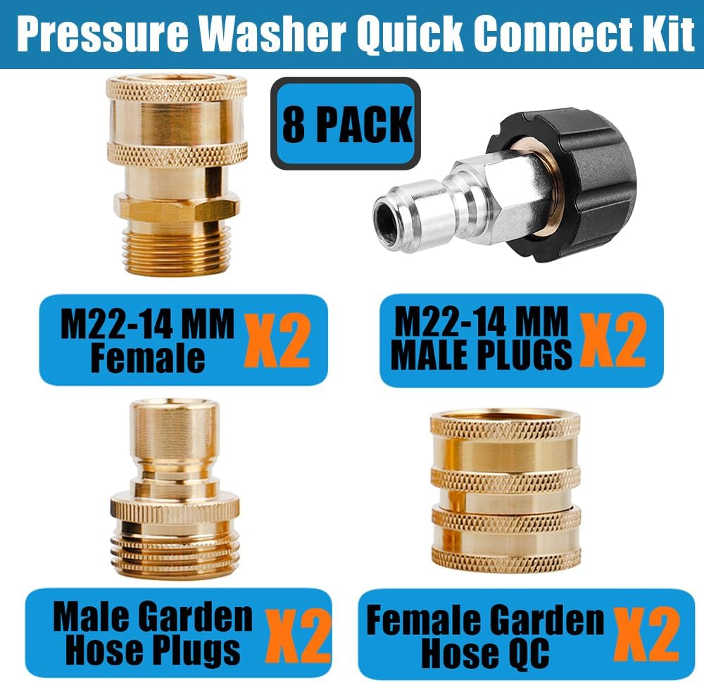 Yakamoz 8 Pack Pressure Washer Adapter Set, M22 Swivel to 3/8'' Quick Connect, 3/4" to Quick Release, Quick Disconnect Kit Suitable for Pressure Cleaning Machine Kit image number 5