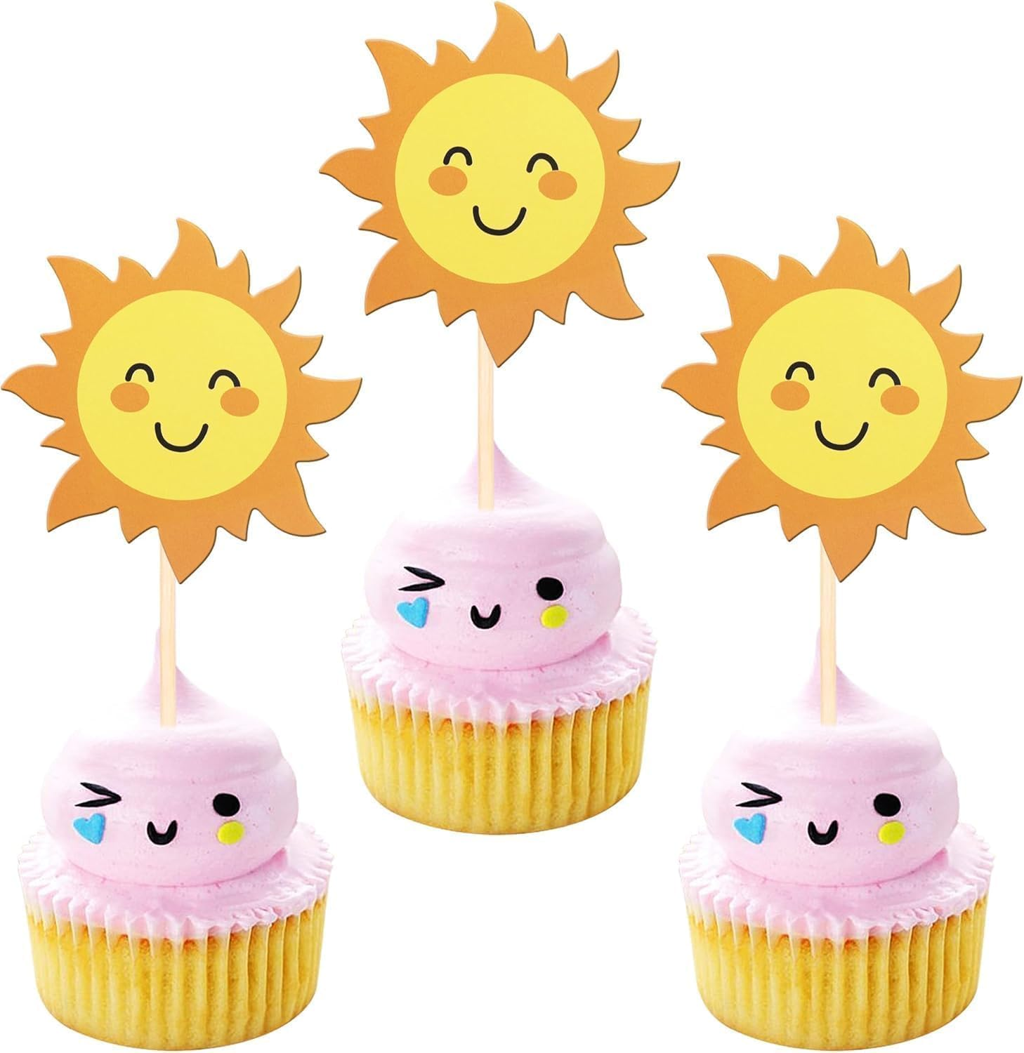36 Pack Sun Cupcake Toppers Double Sided Sun Flower Smile Face Cupcake Picks Sunshine Cupcake Decorations for Sun Theme Baby Shower Kids Boys Girls Birthday Party Cake Decorations Supplies (Color-01) image number 1