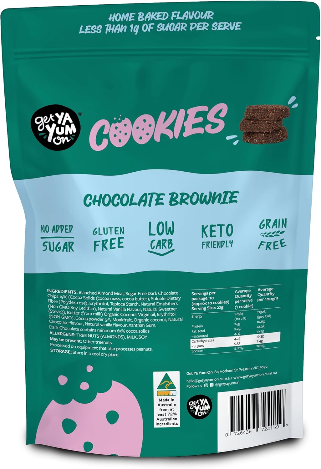 GET YA YUM ON- NO-SUGAR-ADDED CHOCOLATE BROWNIE COOKIES, GLUTEN FREE, LOW CARB, HOMEBAKED FLAVOUR! VALUE PACK 220G image number 2