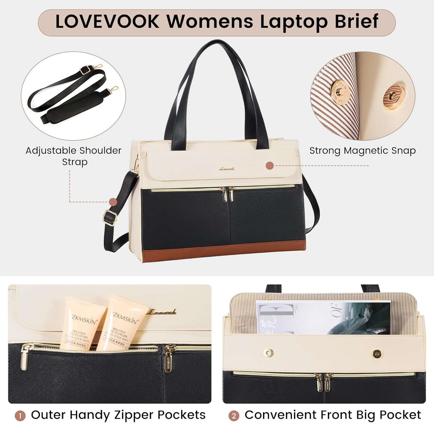 LOVEVOOK Laptop Bag for Women 15.6 Inch Tote Work Professional Leather Computer Briefcase Waterproof Handbag Shoulder Large Capacity Business Teacher Office Crossbody Purse image number 3
