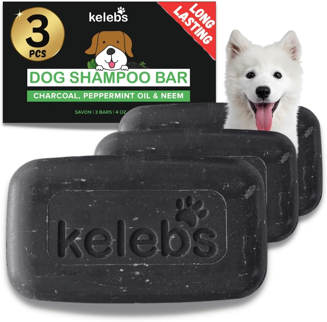 KELEBS Sensitive Dog Shampoo | Grooming Dog | Dog Shampoo Puppies | Soothing Natural Dog Shampoo Soap Pieces | with Lavender Oil & Oatmeal | Vegan | Pack of 3 (Charcoal)