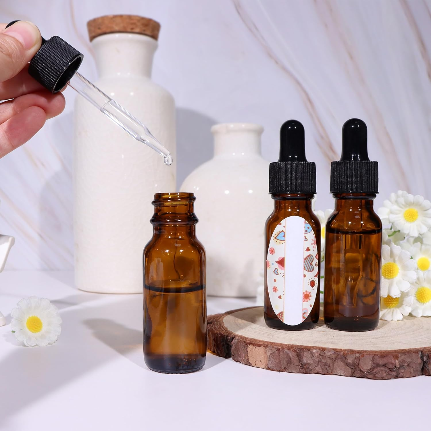 HWASHIN 48 Pack 1/2 Oz (15Ml) Amber Glass Bottles with Glass Eye Droppers for Essential Oils, Perfumes & Lab Chemicals (Brush, Funnels, 2 Extra Droppers, Labels & Measuring Cup Included) image number 2