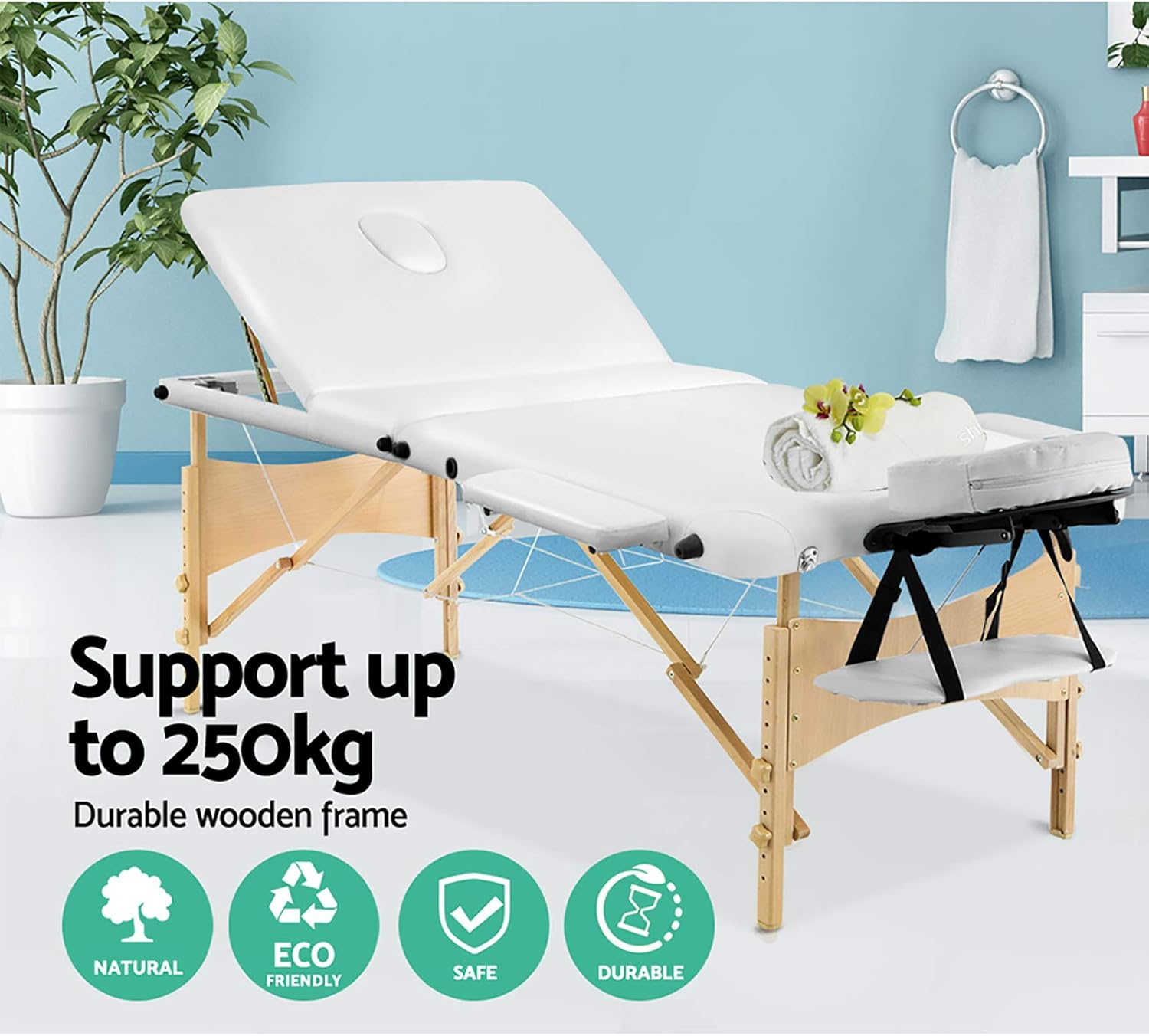 Zenses Massage Table Wooden 70Cm White Portable, Massages Therapy Bed, Folding 3 Fold Waxing Beauty Spa Beds Headrest Bounes Cover Covers Carry Bag Adjustable Height image number 5